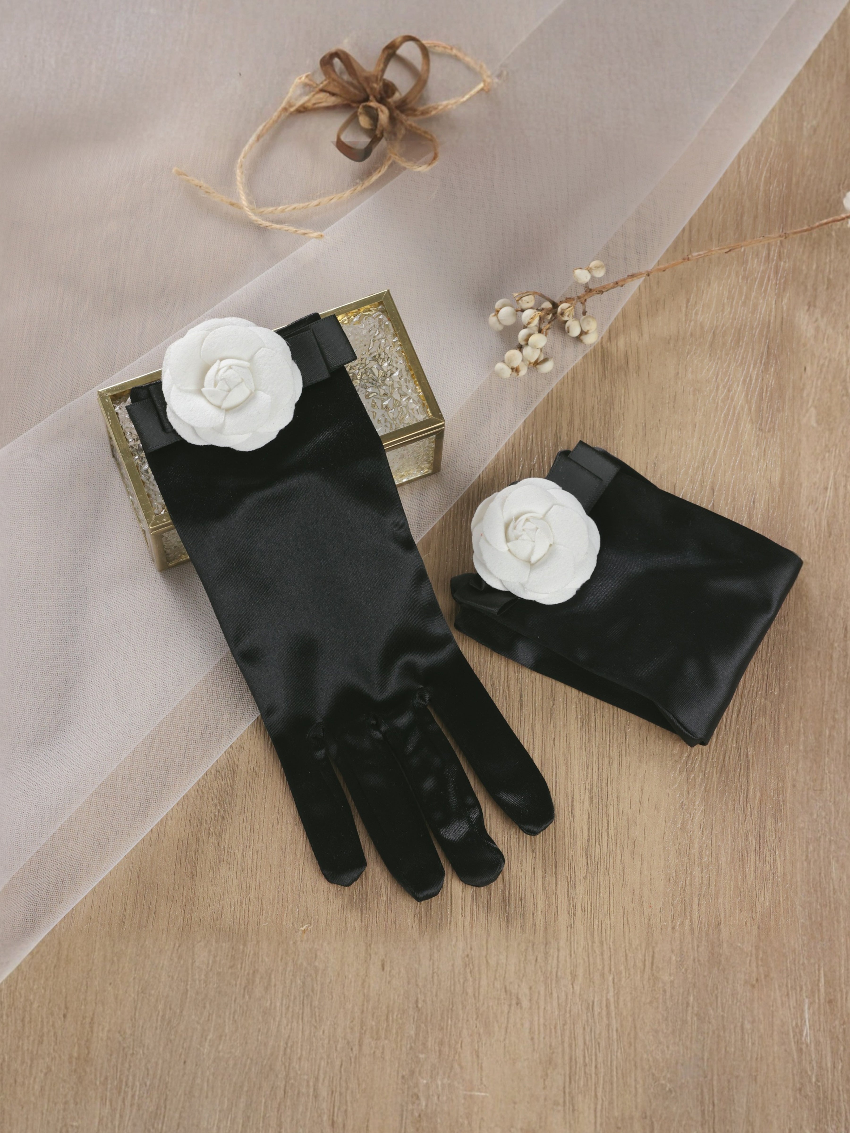ROVDESY Black Satin Opera Gloves with White Camellia Flower Accent