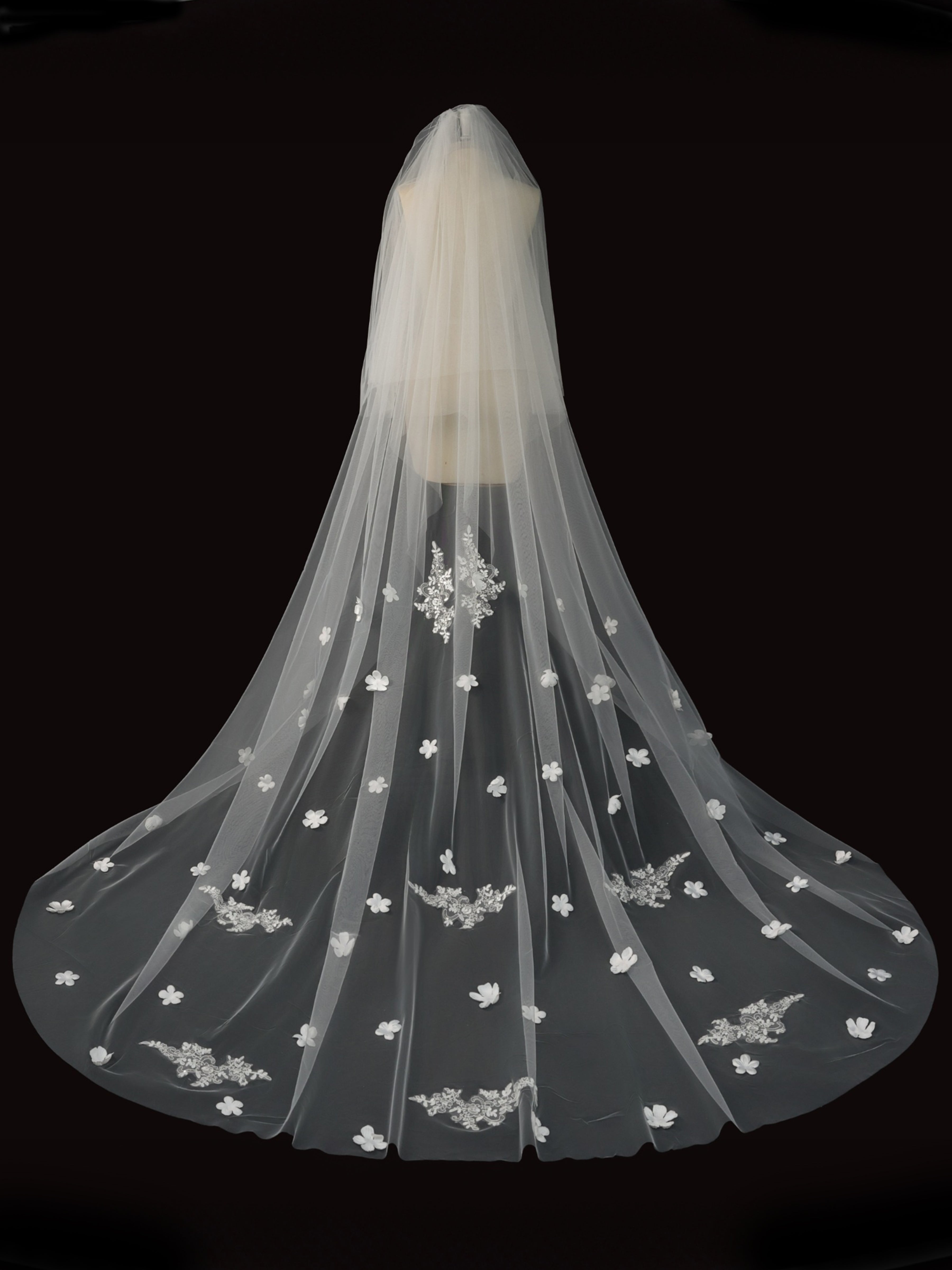ROVDESY Two-Tier Cathedral Wedding Veil with 3D Fabric Flowers & Floral Lace Applique