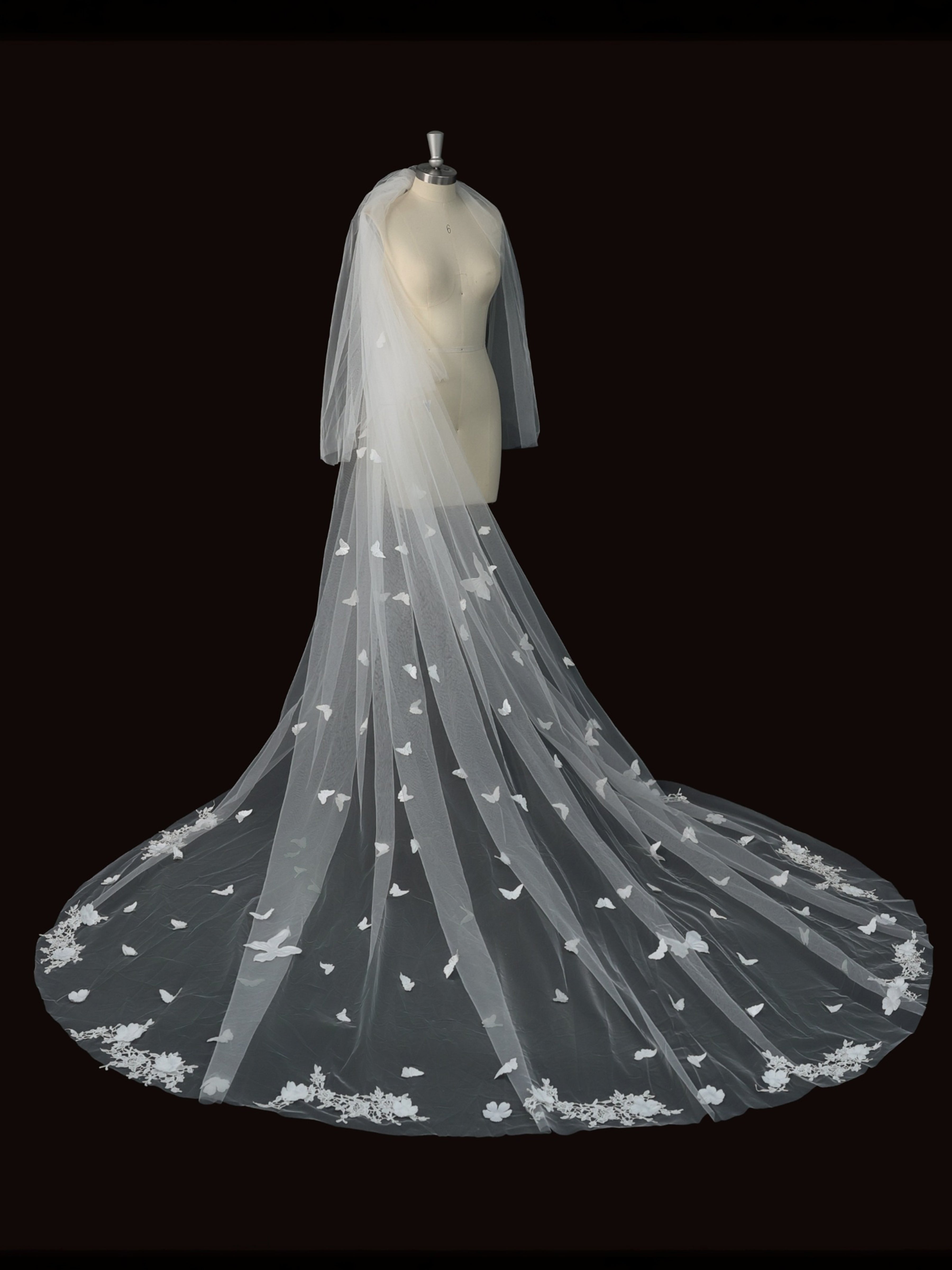 ROVDESY Two-Tier Cathedral Wedding Veil with 3D Butterflies & Floral Lace Trim