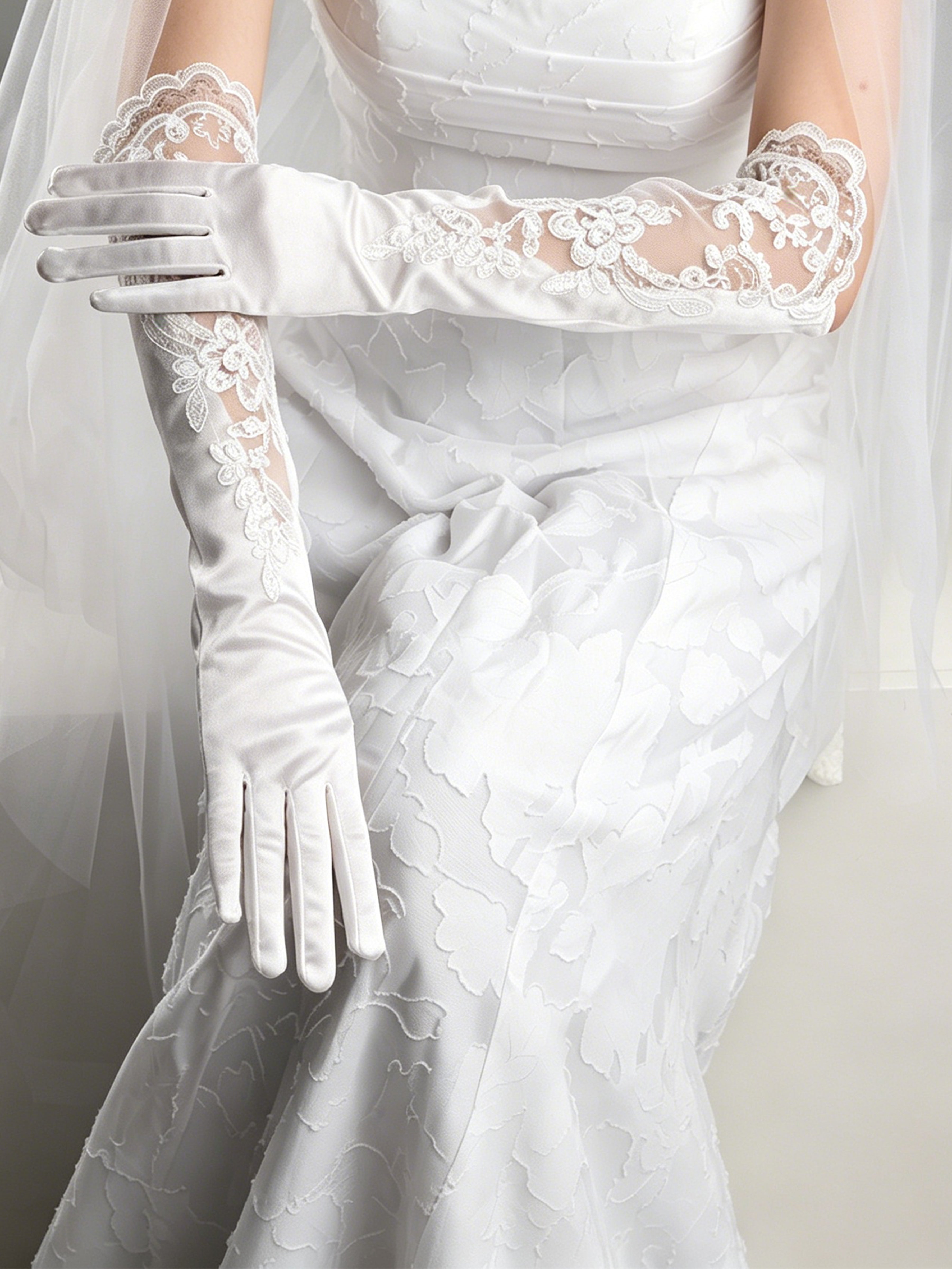 ROVDESY Vintage Embroidered Satin Wedding Gloves