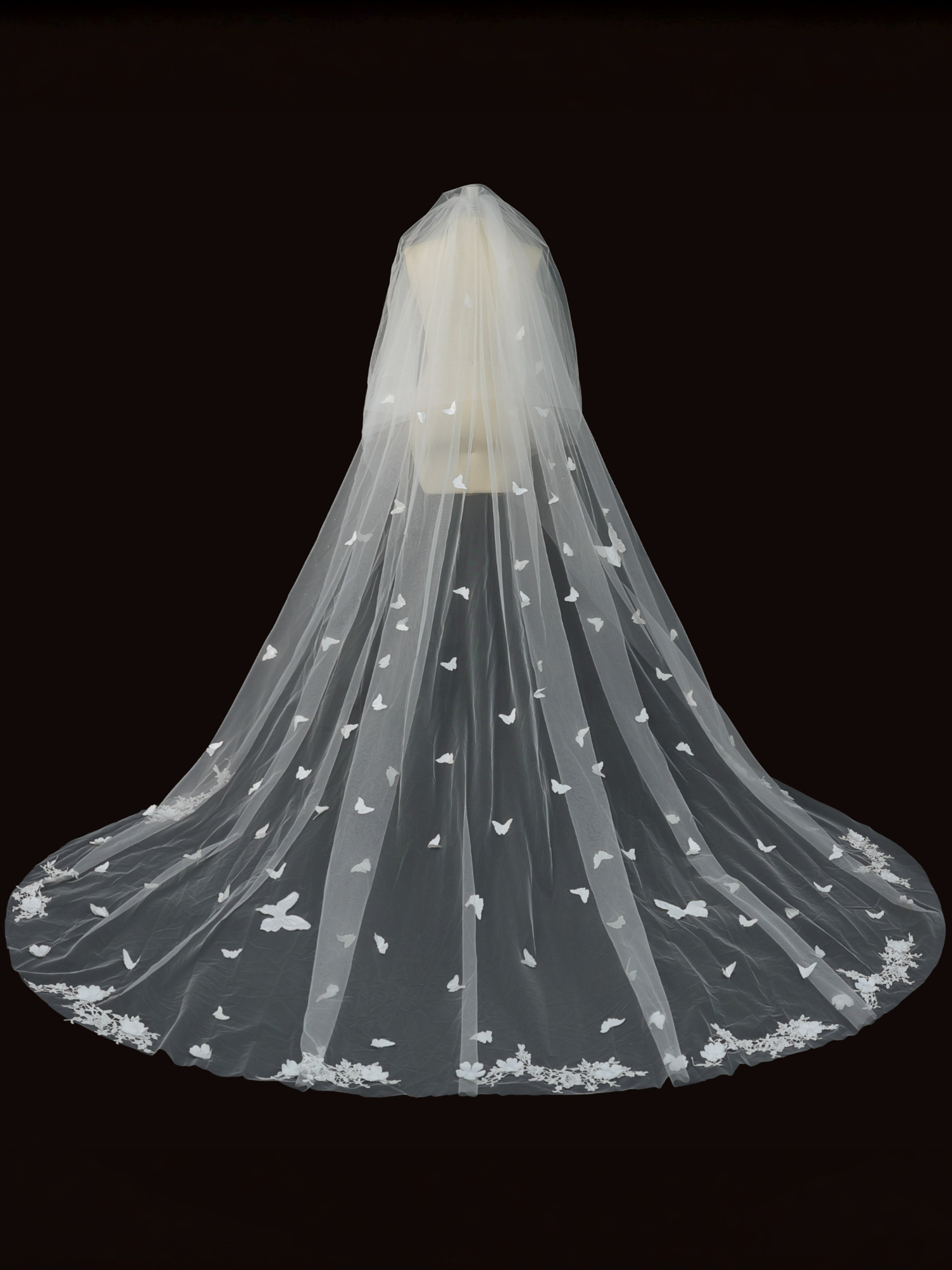 ROVDESY Two-Tier Cathedral Wedding Veil with 3D Butterflies & Floral Lace Trim