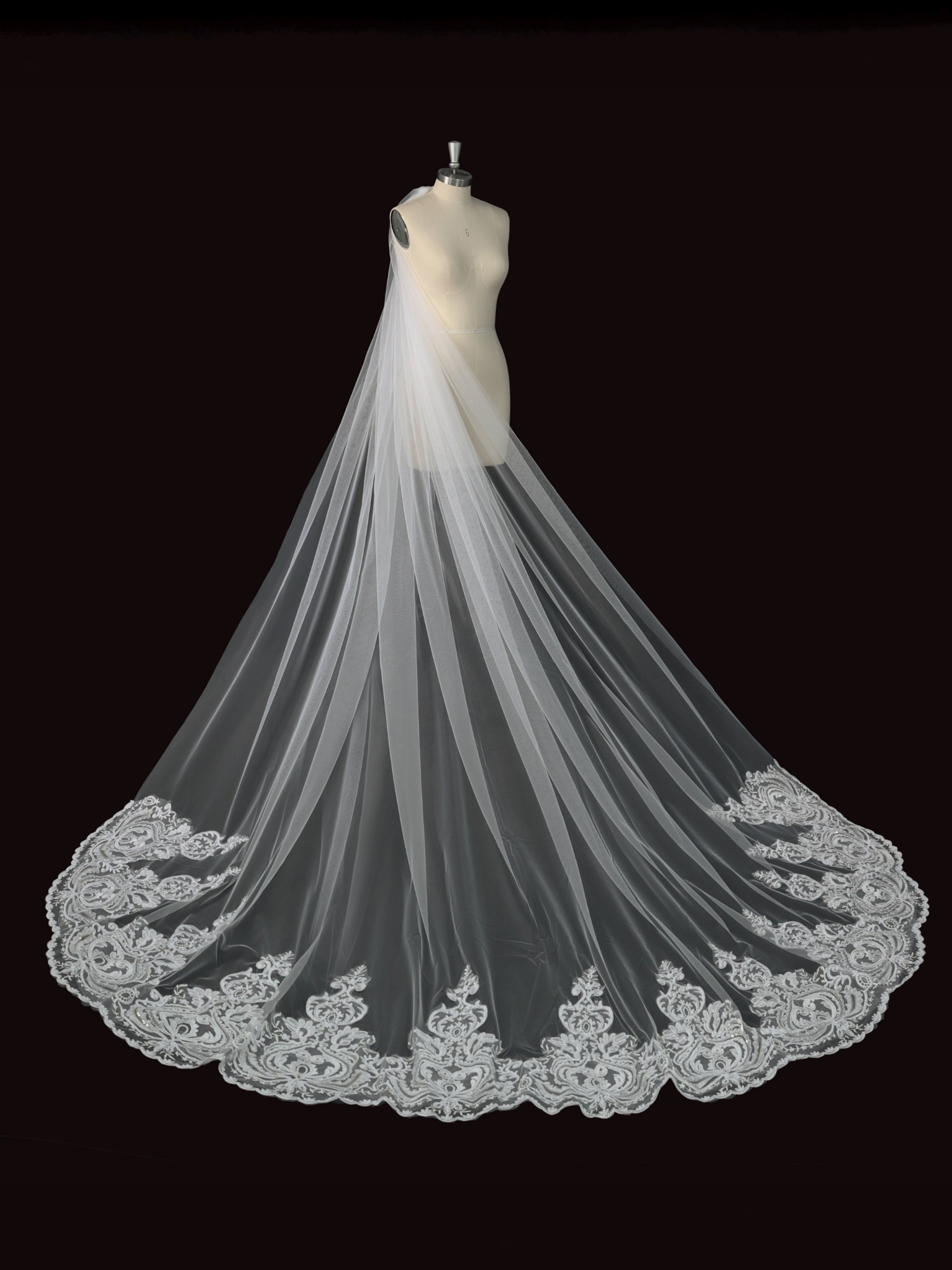 ROVDESY Two-Tier Cathedral Wedding Veil with Vintage Baroque Lace Hem & Metal Comb