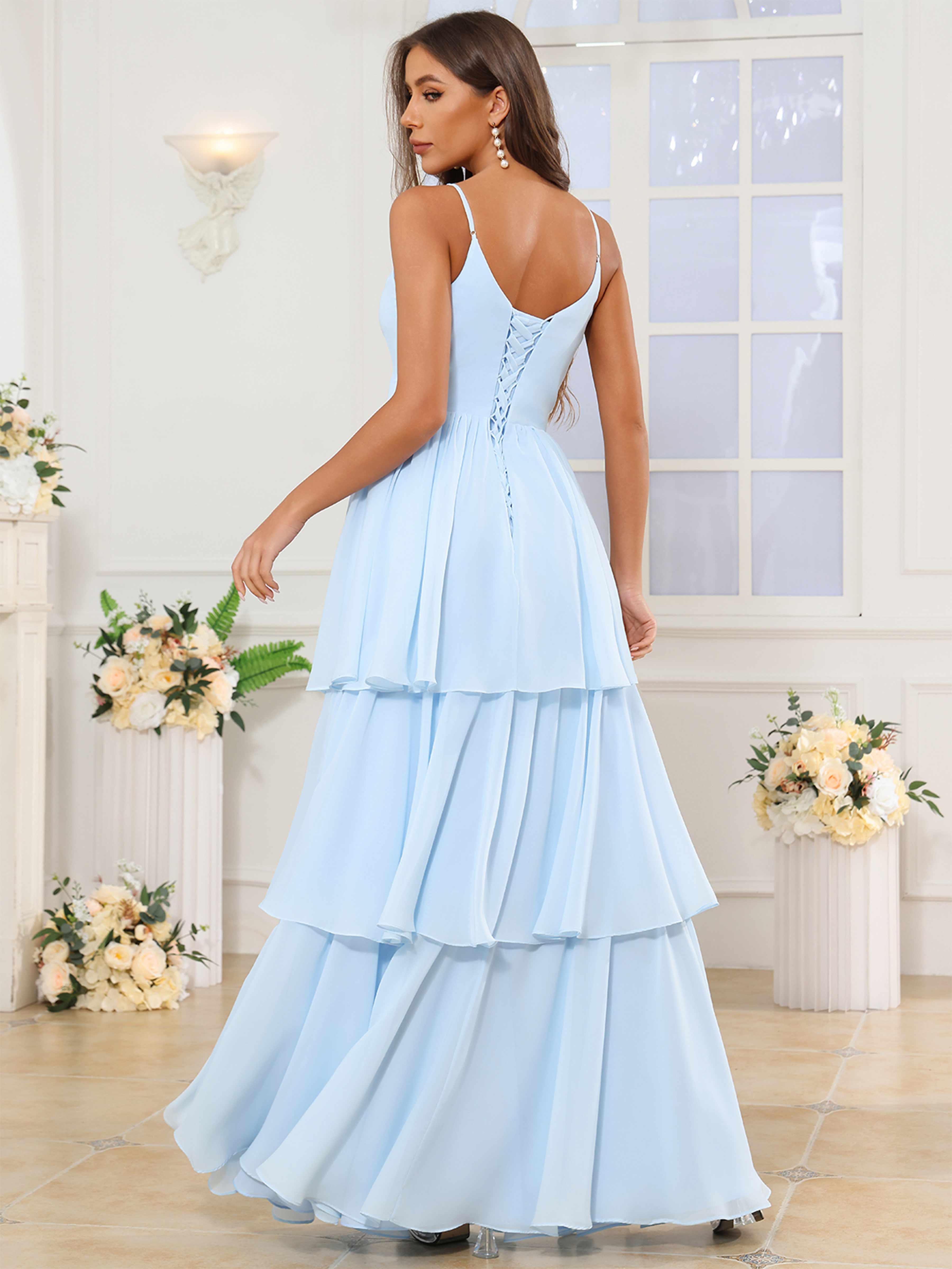 ROVDESY V-Neck Spaghetti Straps Tiered Chiffon Bridesmaid Dress With Ruffles