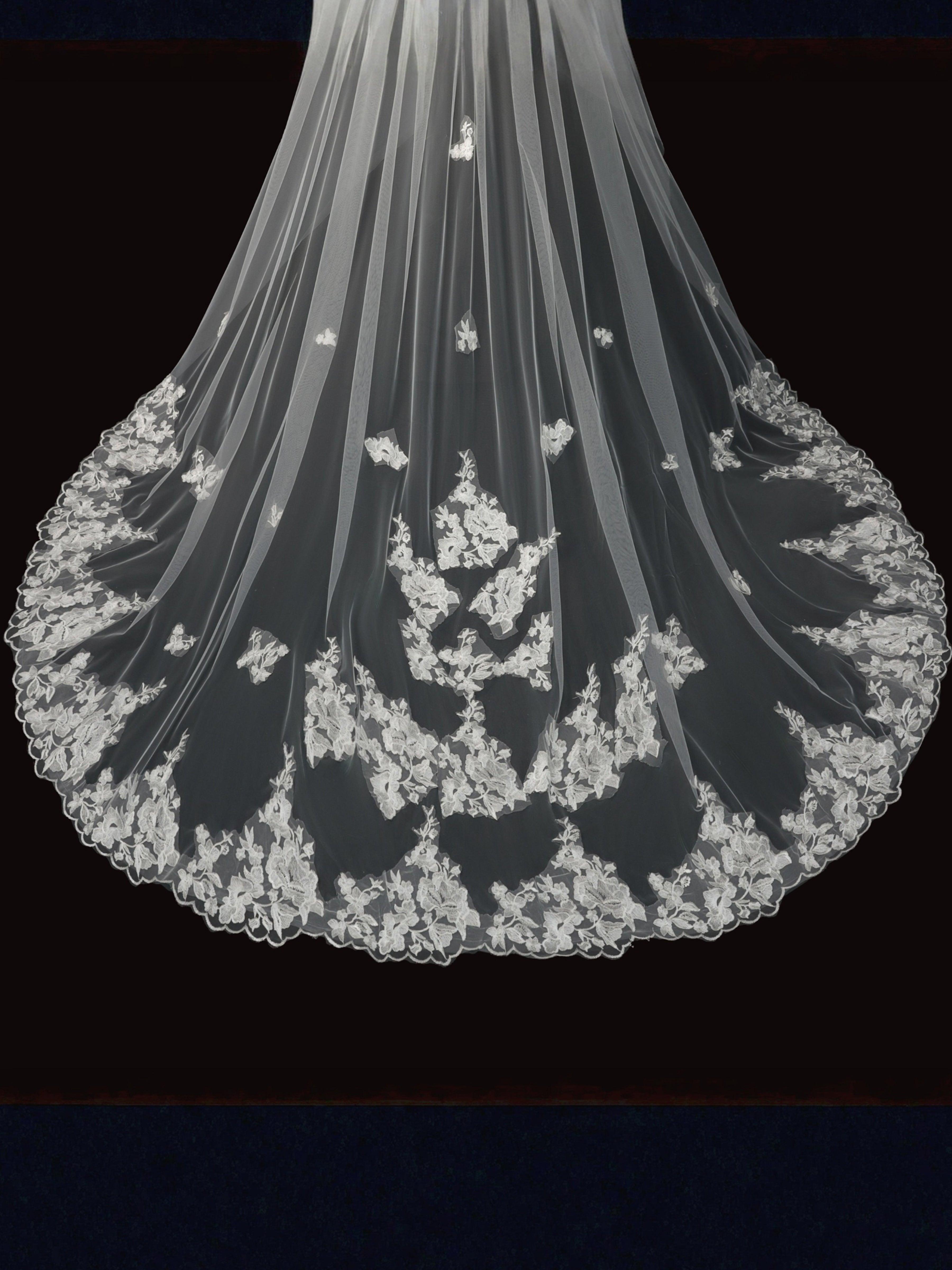 ROVDESY Two-Tier Cathedral Wedding Veil with Scattered Floral Lace Applique & Lace Hem