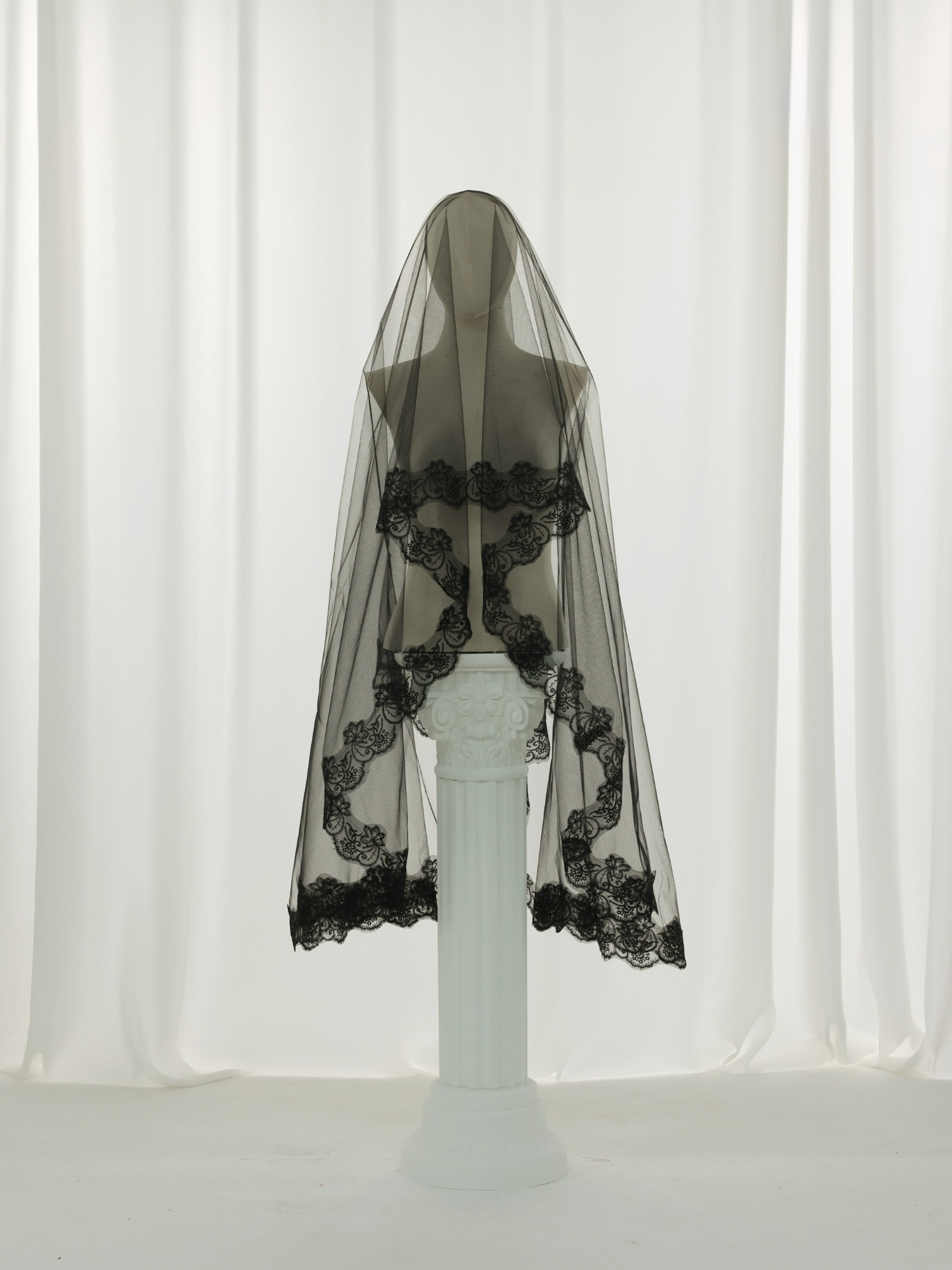 ROVDESY Single Tier Chapel Length Black Floral Lace Bridal Veil