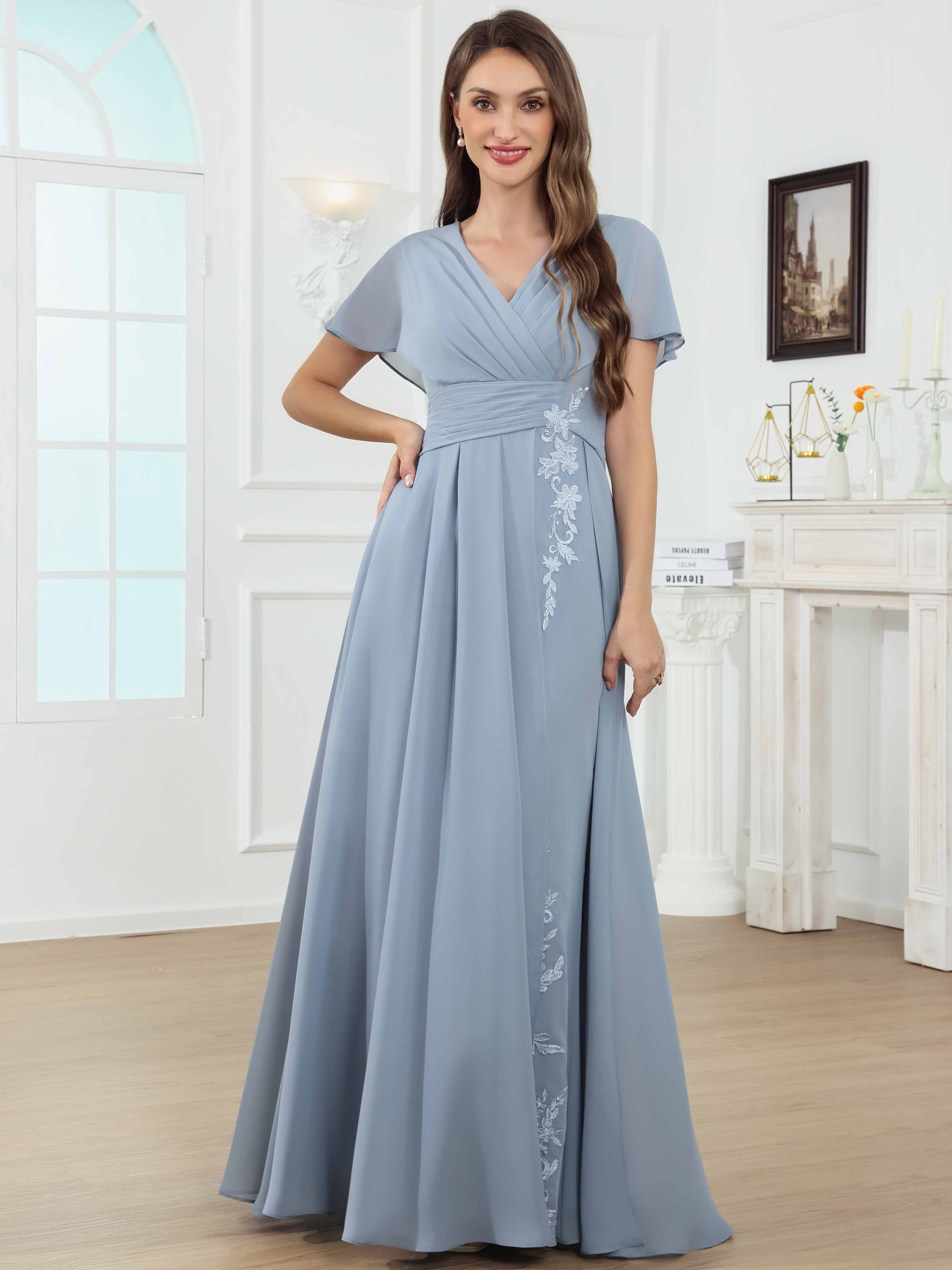 ROVDESY A-Line V-Neck Pleated Lace Chiffon Mother Of The Bride Dress With Short Sleeves