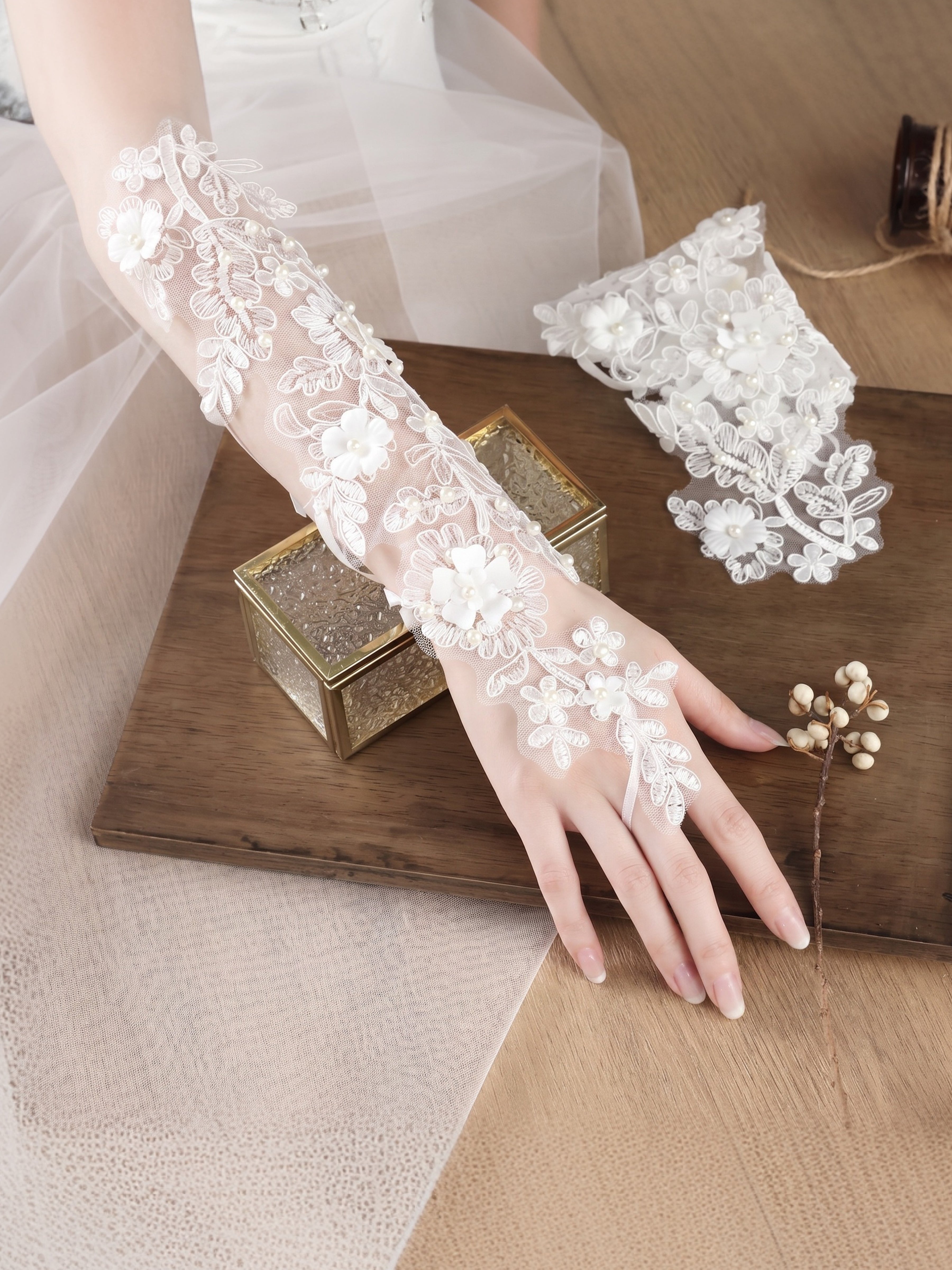 ROVDESY Romantic Floral Lace Sheer Bridal Gloves with Pearl Accents