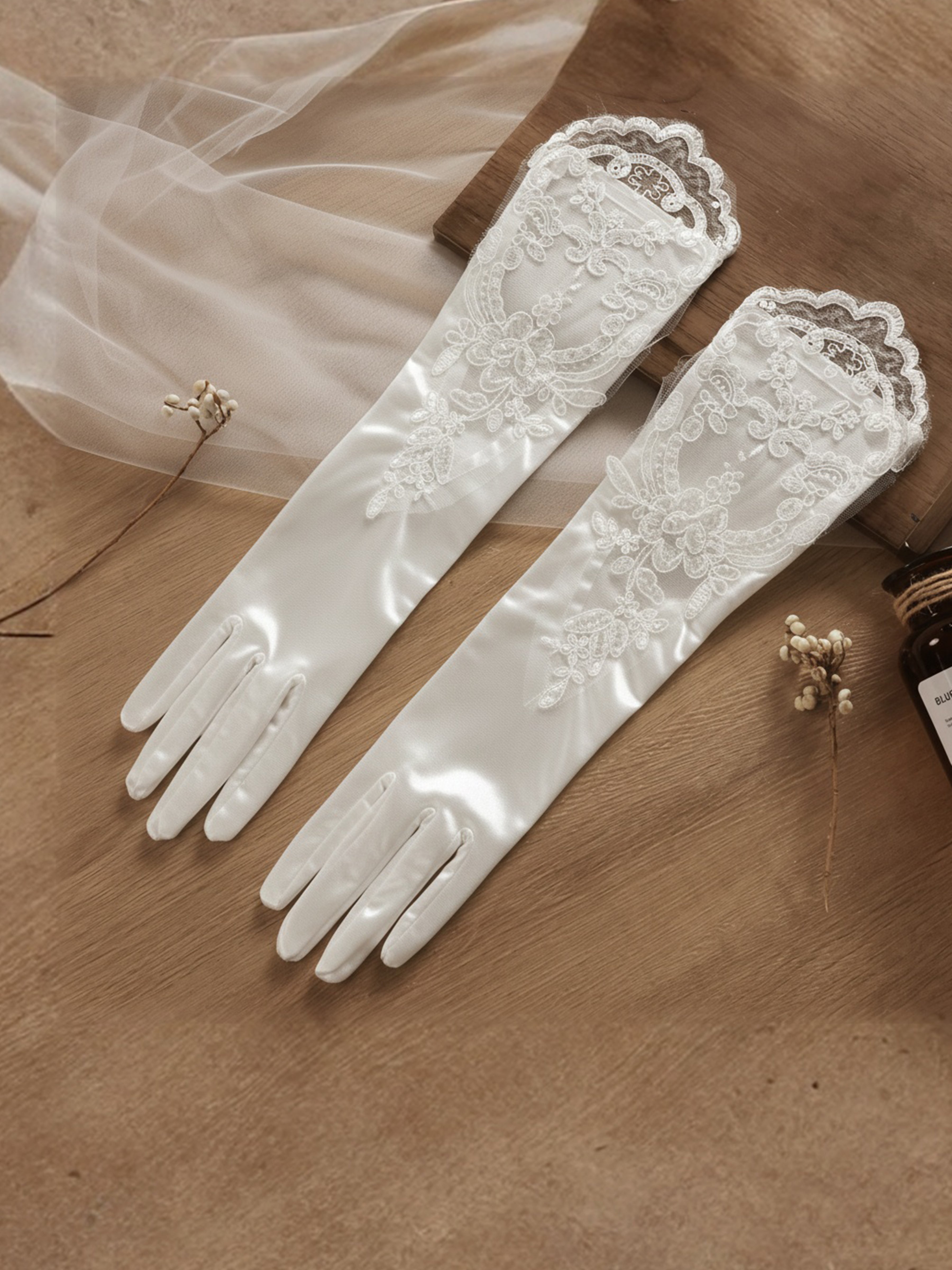 ROVDESY Vintage Embroidered Satin Wedding Gloves