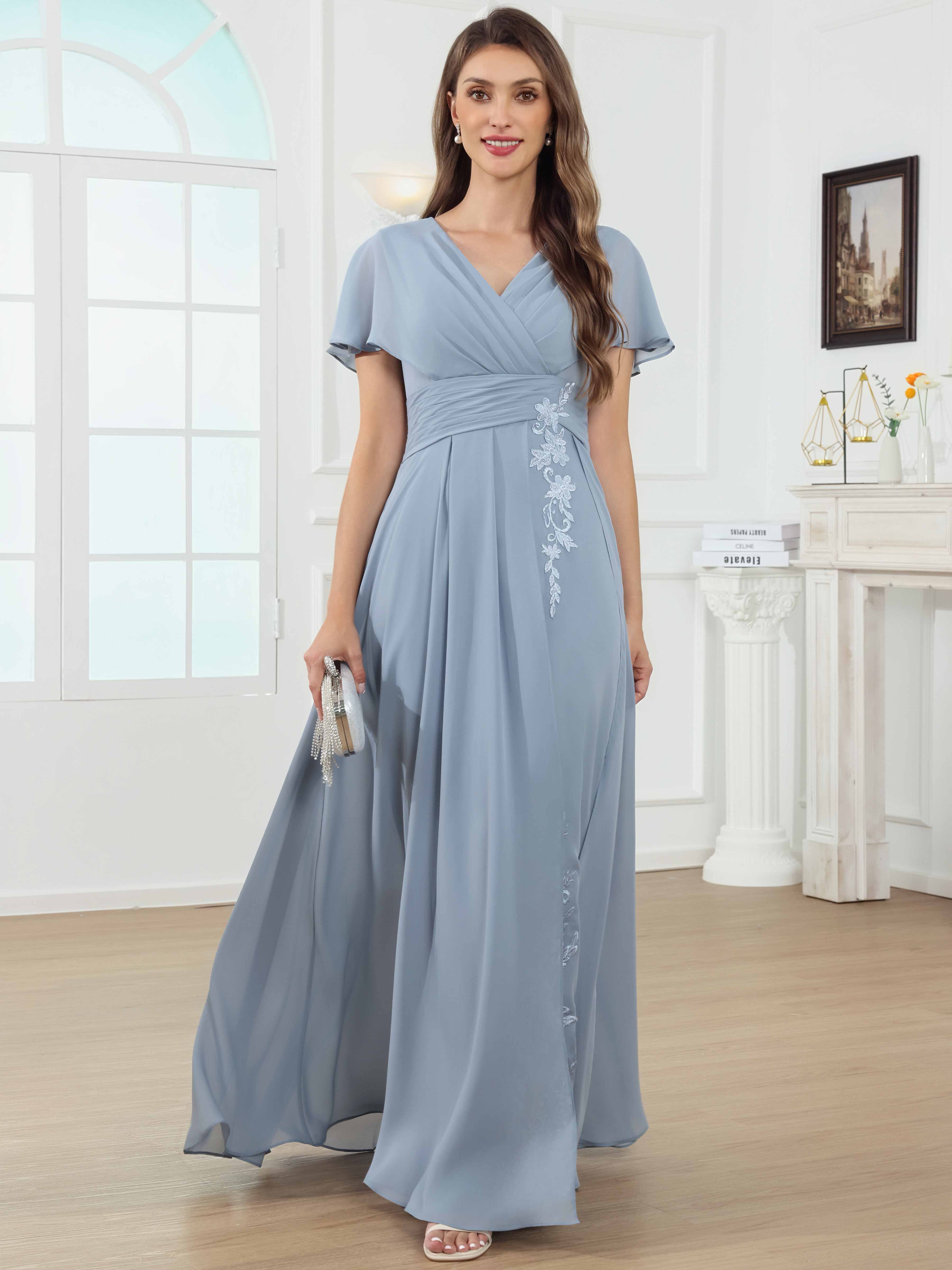 ROVDESY A-Line V-Neck Pleated Lace Chiffon Mother Of The Bride Dress With Short Sleeves