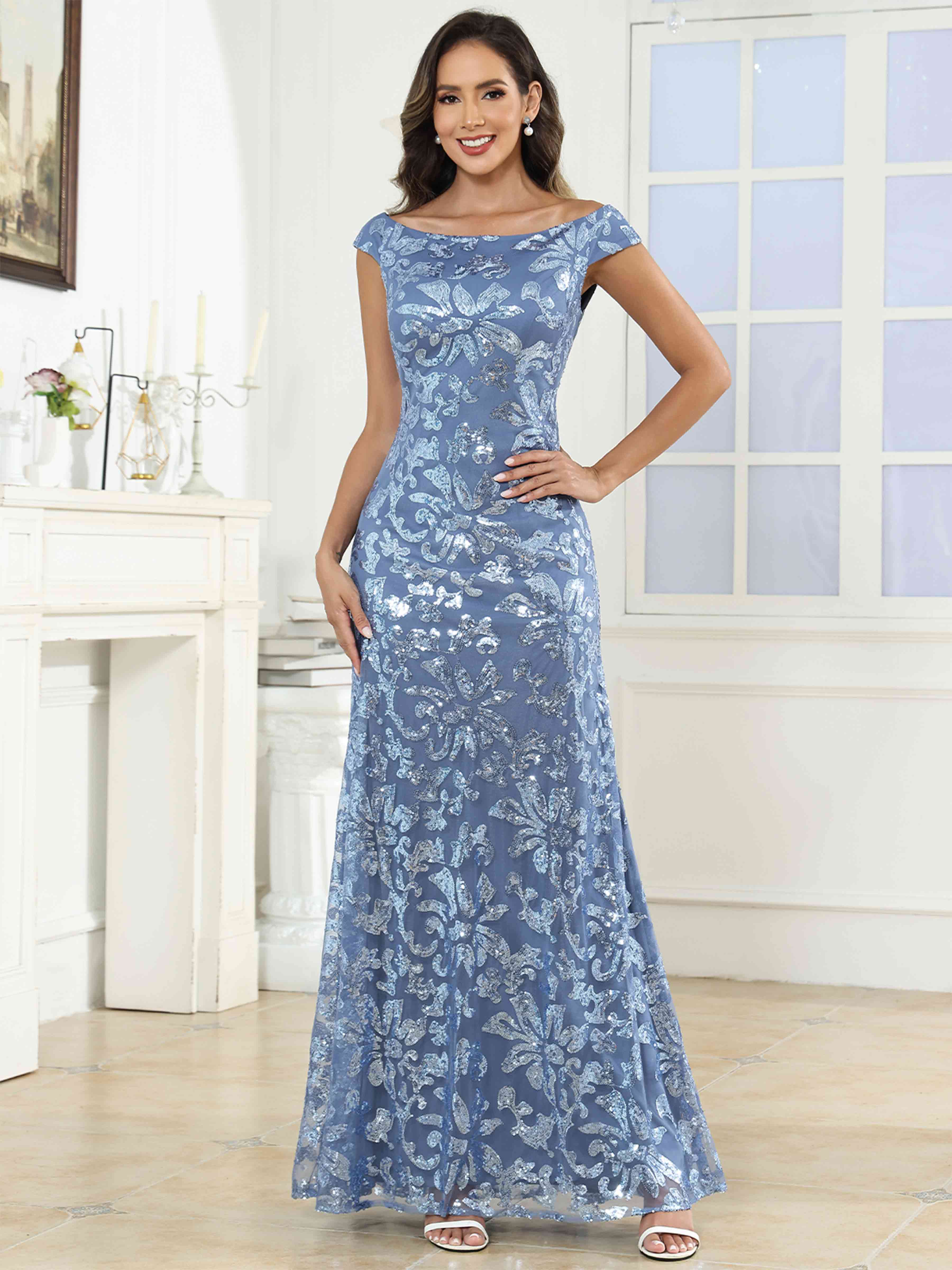 ROVDESY Off-The-Shoulder Mermaid Sequin Mother Of The Bride Dress Formal Gown