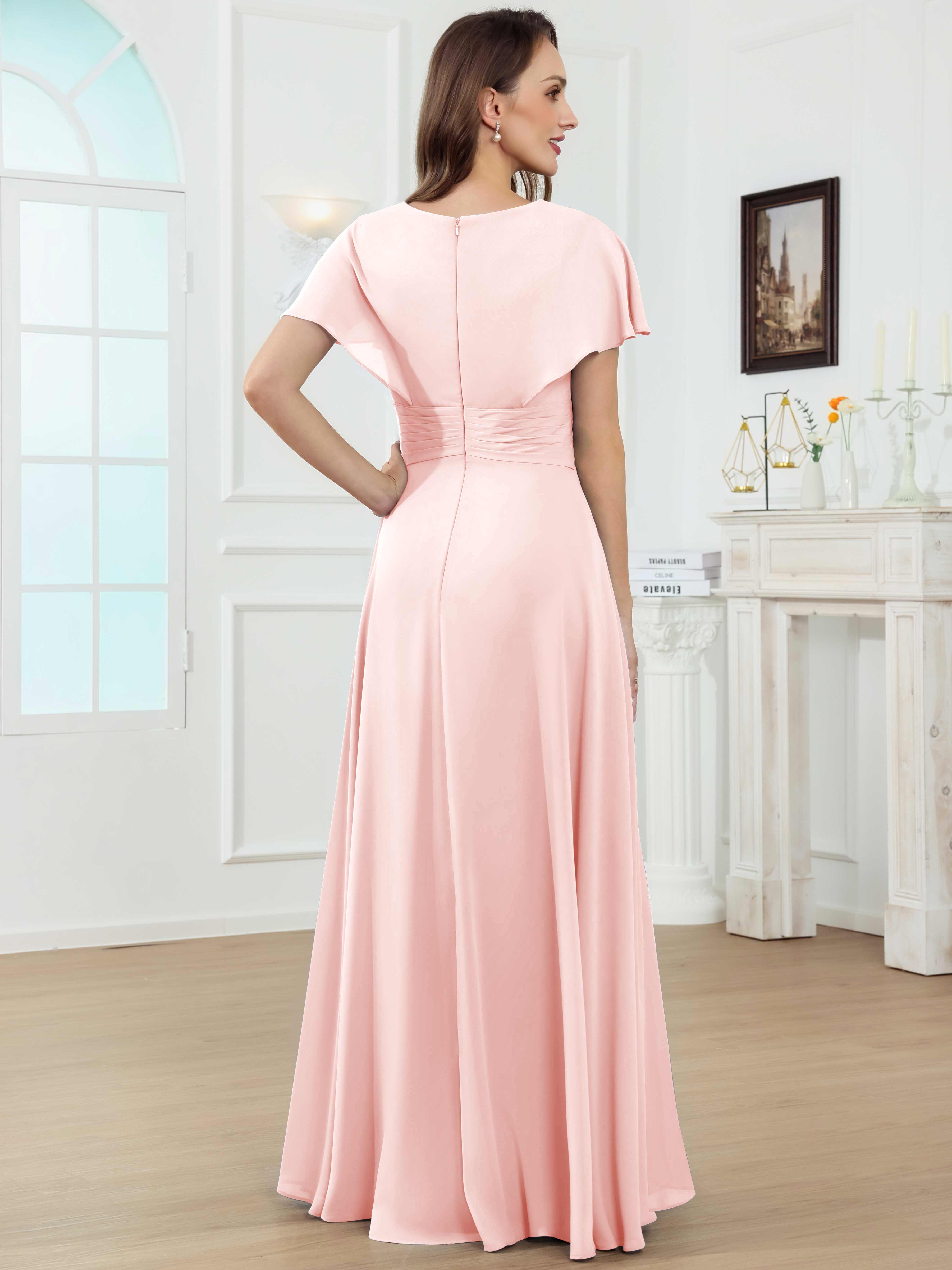 ROVDESY A-Line V-Neck Pleated Lace Chiffon Mother Of The Bride Dress With Short Sleeves