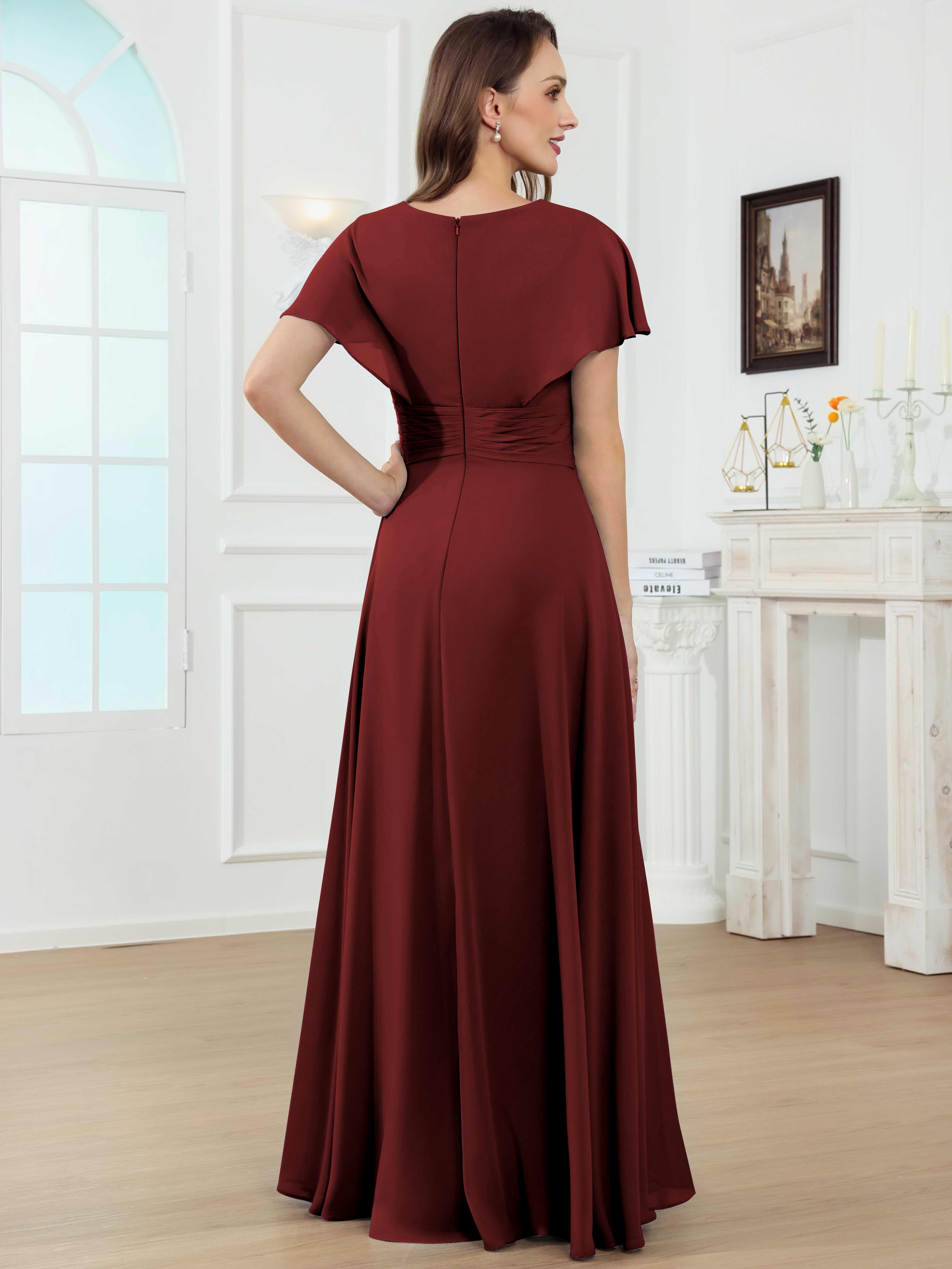 ROVDESY A-Line V-Neck Pleated Lace Chiffon Mother Of The Bride Dress With Short Sleeves