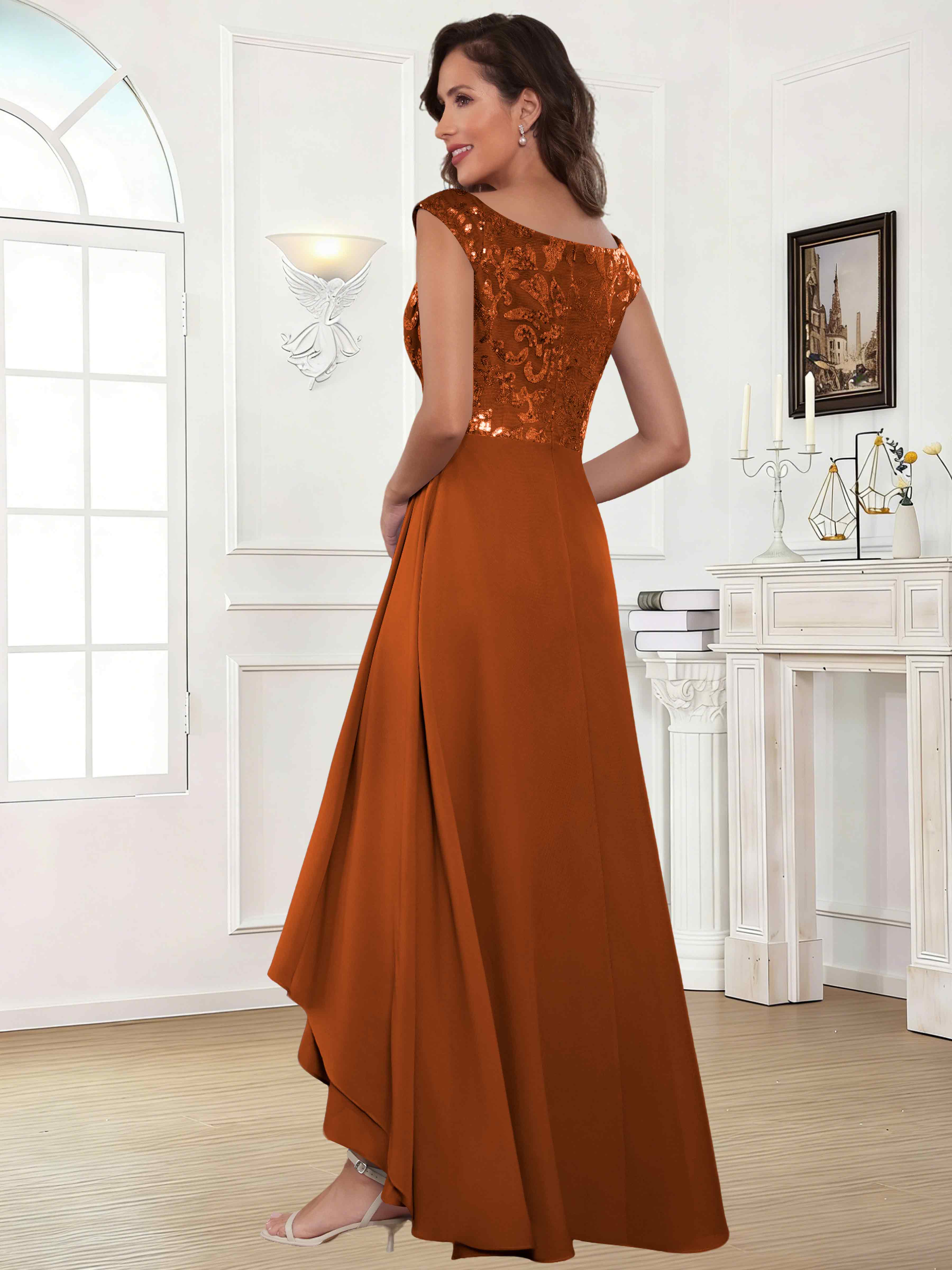ROVDESY Tea Length Off-The-Shoulder Sequin Chiffon Mother Of The Bride Dress