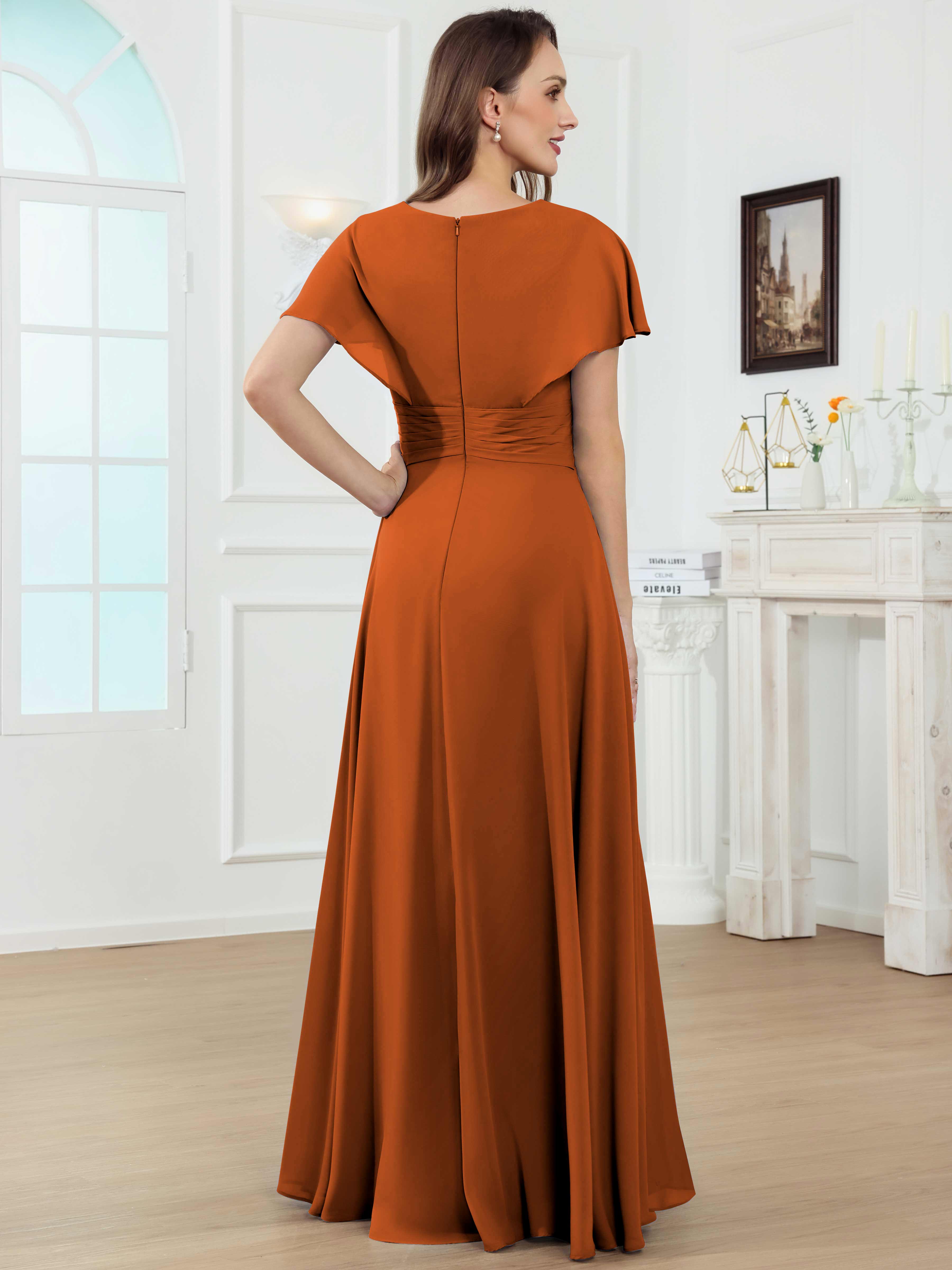 ROVDESY A-Line V-Neck Pleated Lace Chiffon Mother Of The Bride Dress With Short Sleeves