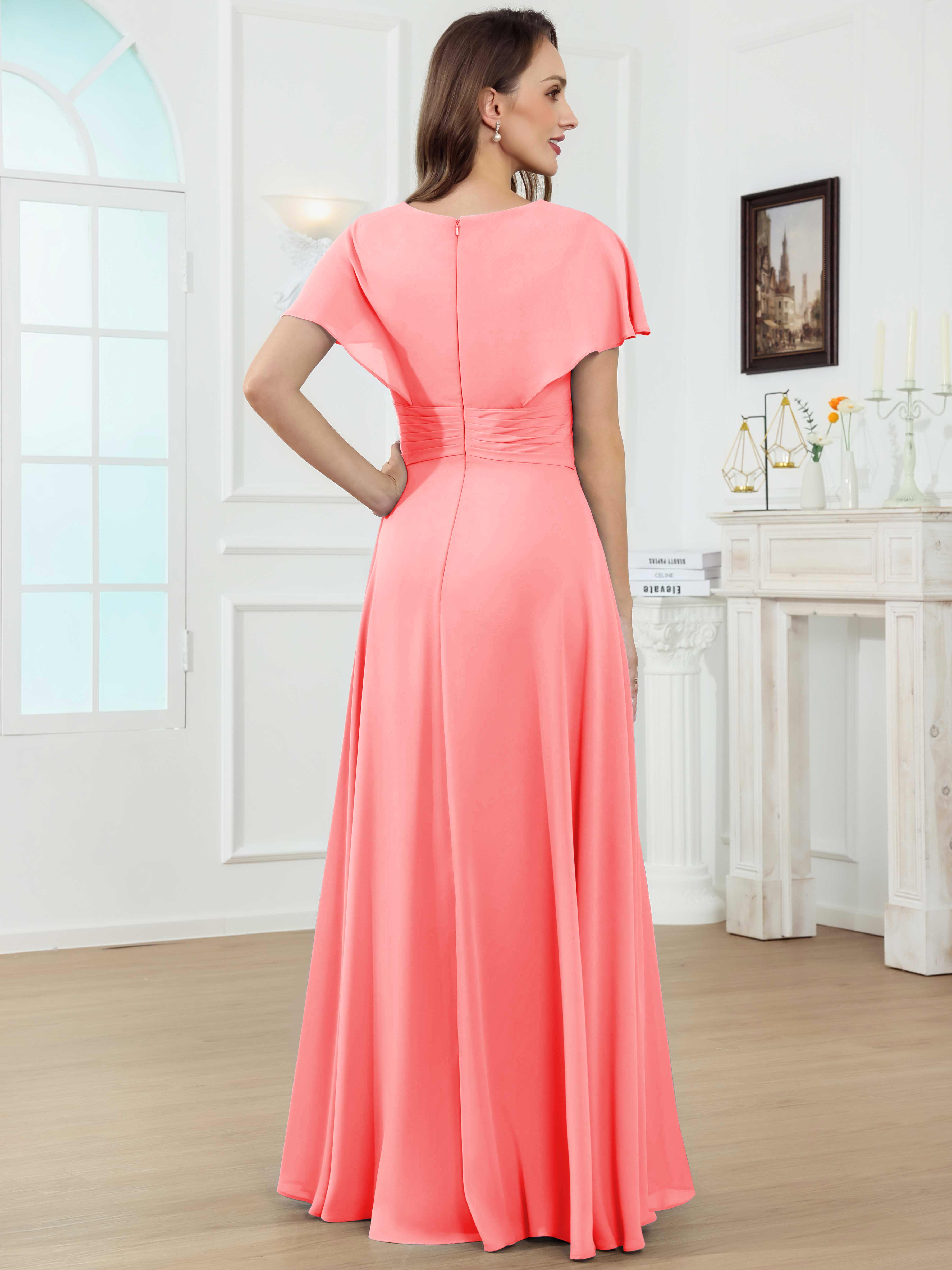 ROVDESY A-Line V-Neck Pleated Lace Chiffon Mother Of The Bride Dress With Short Sleeves