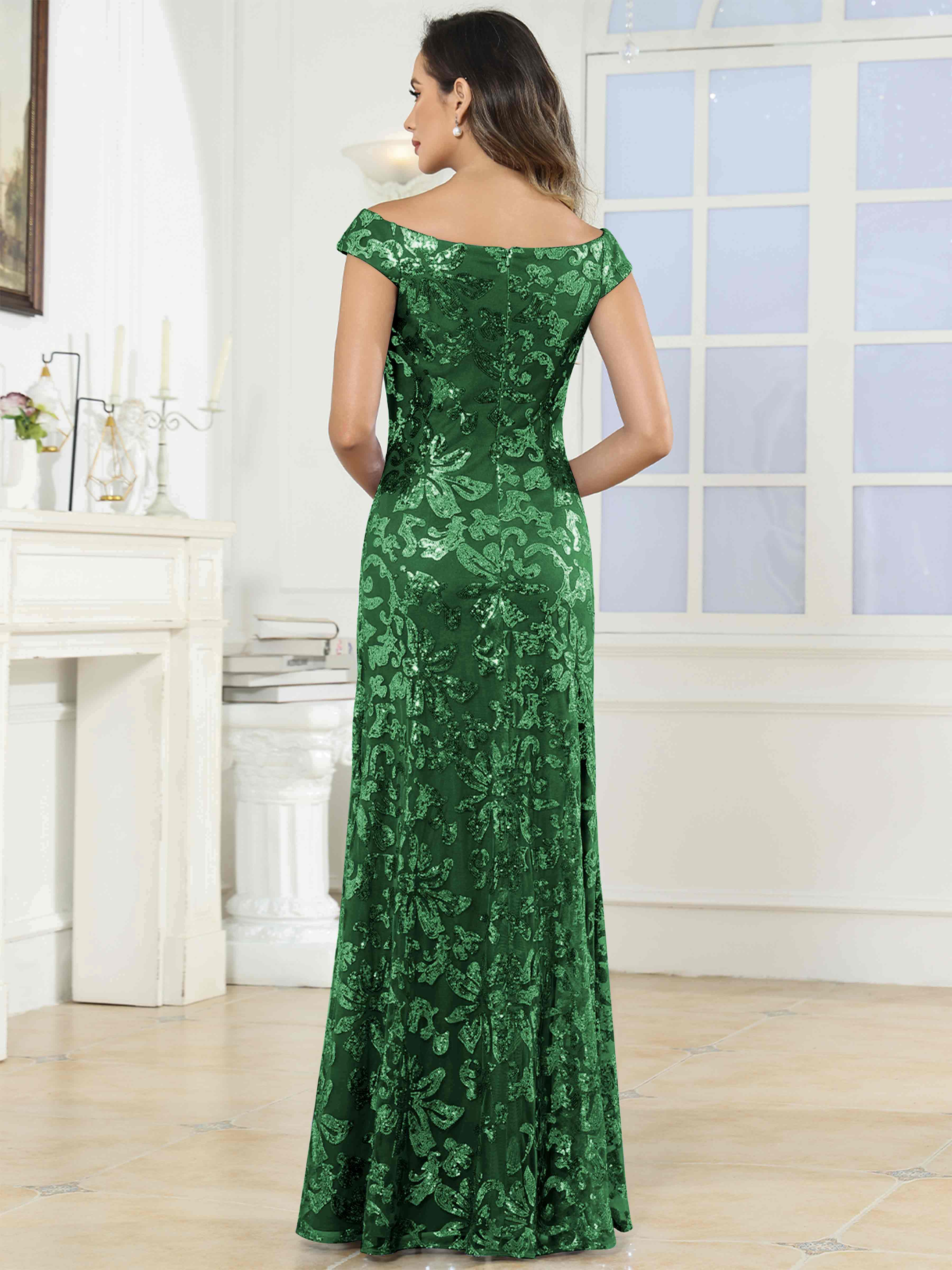 ROVDESY Off-The-Shoulder Mermaid Sequin Mother Of The Bride Dress Formal Gown