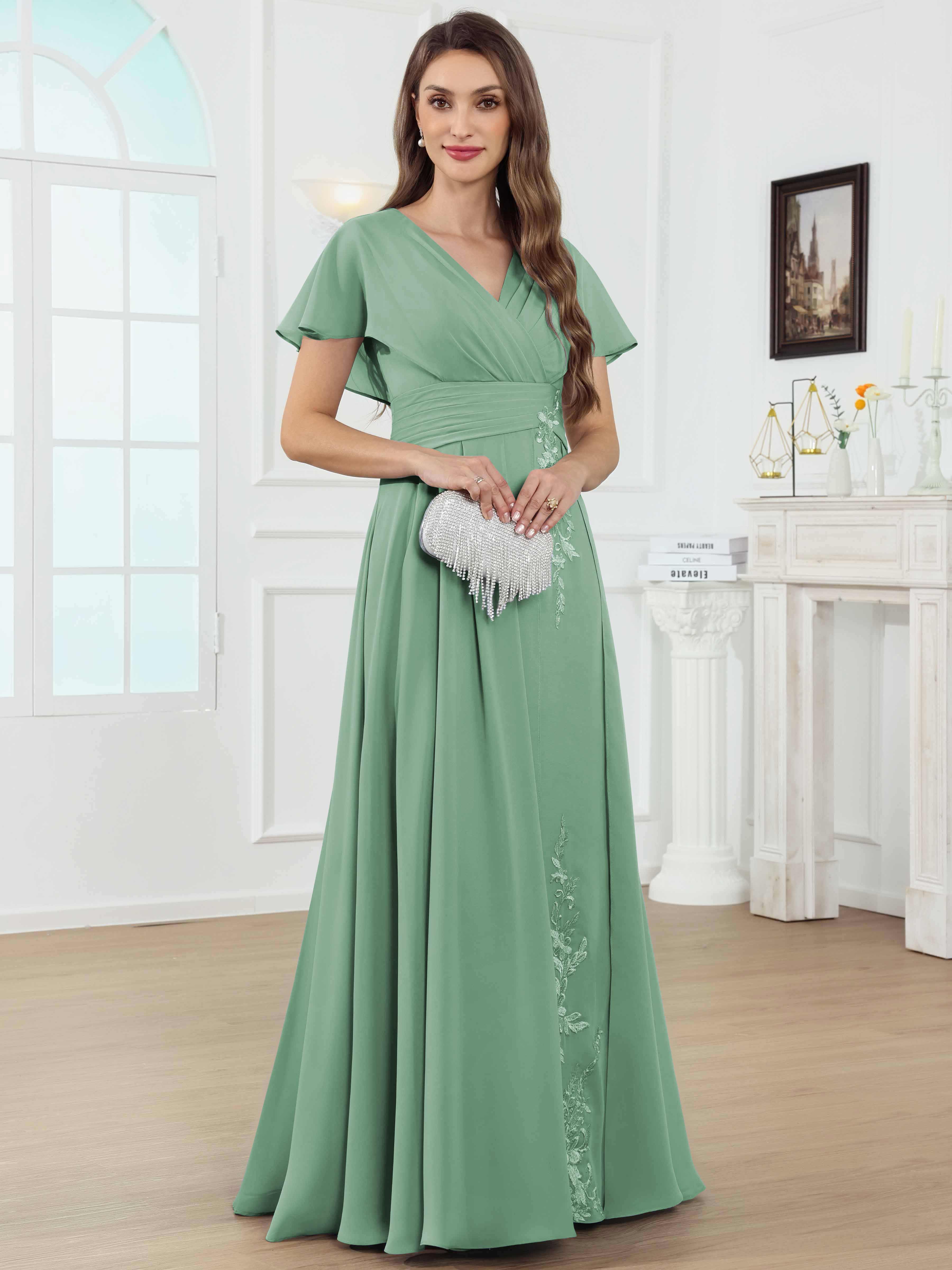 ROVDESY A-Line V-Neck Pleated Lace Chiffon Mother Of The Bride Dress With Short Sleeves