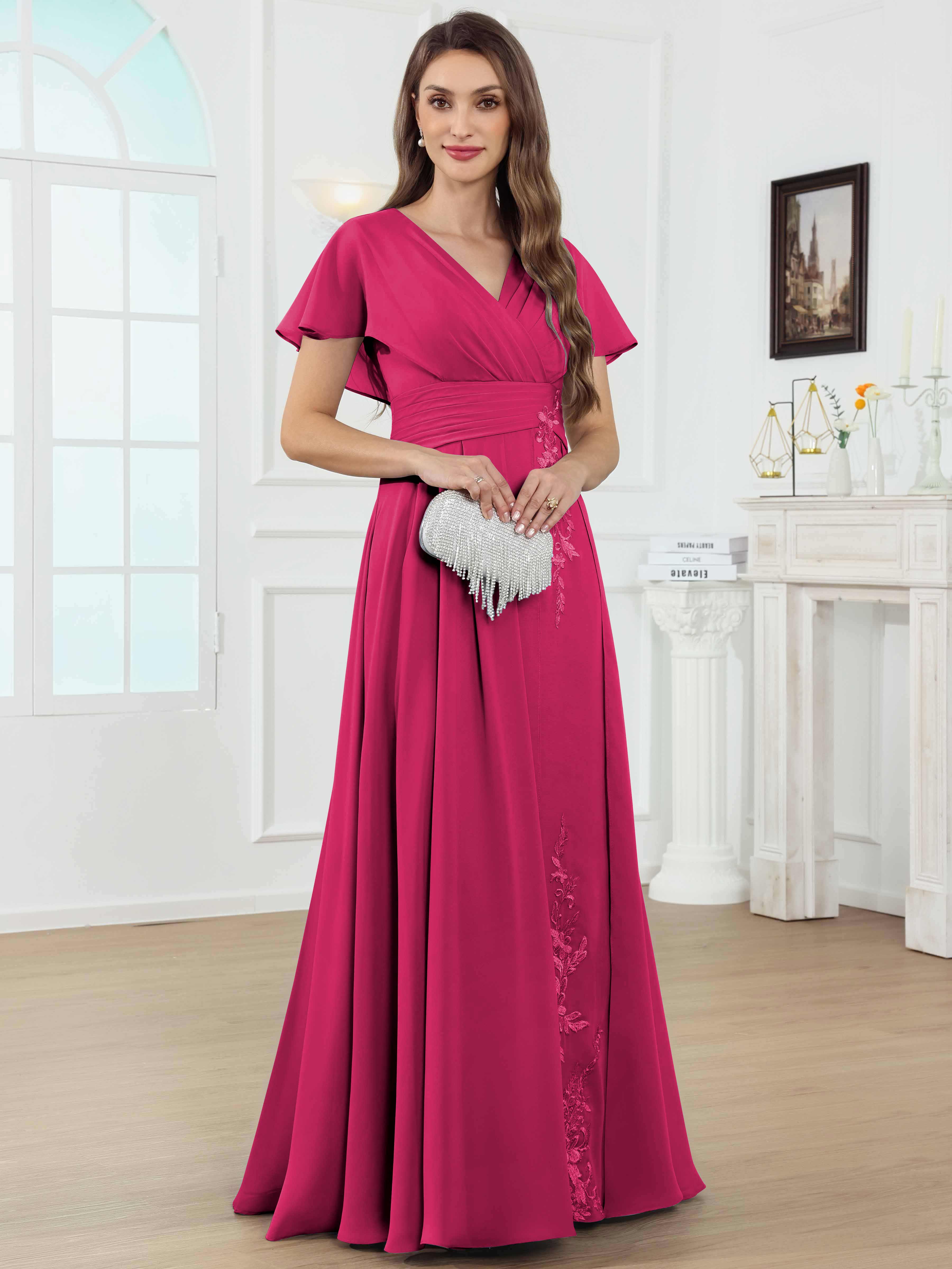 ROVDESY A-Line V-Neck Pleated Lace Chiffon Mother Of The Bride Dress With Short Sleeves