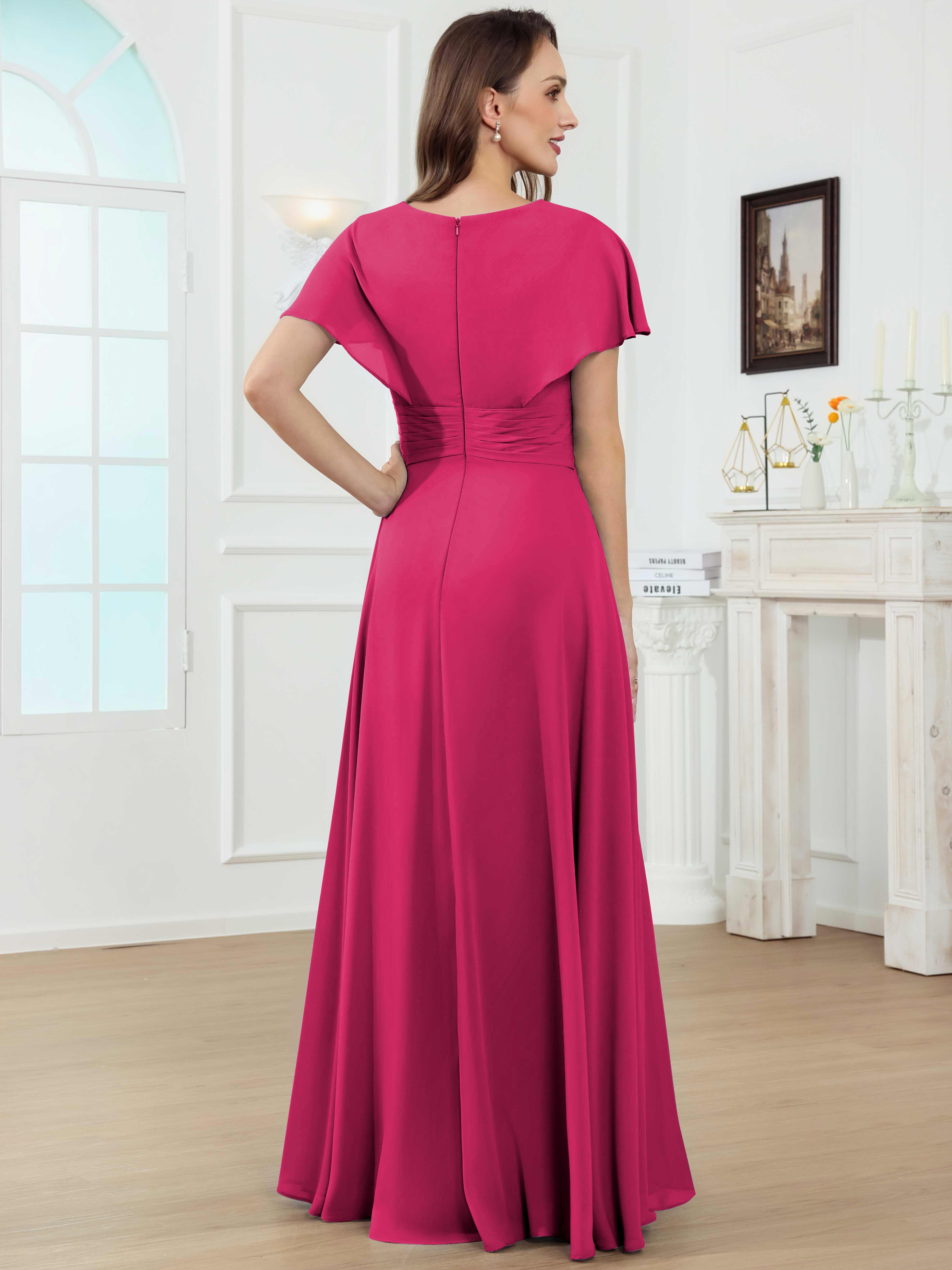 ROVDESY A-Line V-Neck Pleated Lace Chiffon Mother Of The Bride Dress With Short Sleeves