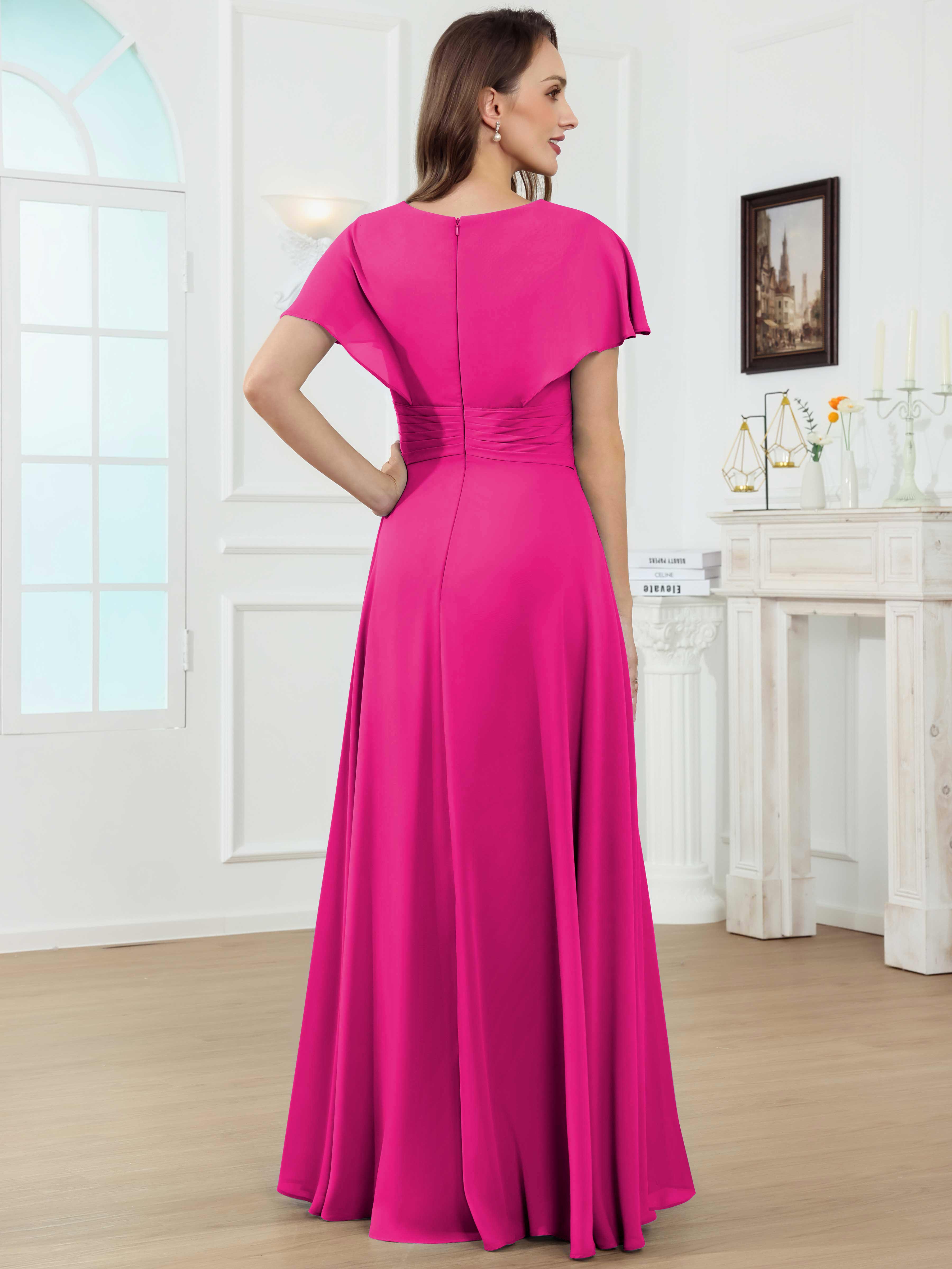 ROVDESY A-Line V-Neck Pleated Lace Chiffon Mother Of The Bride Dress With Short Sleeves