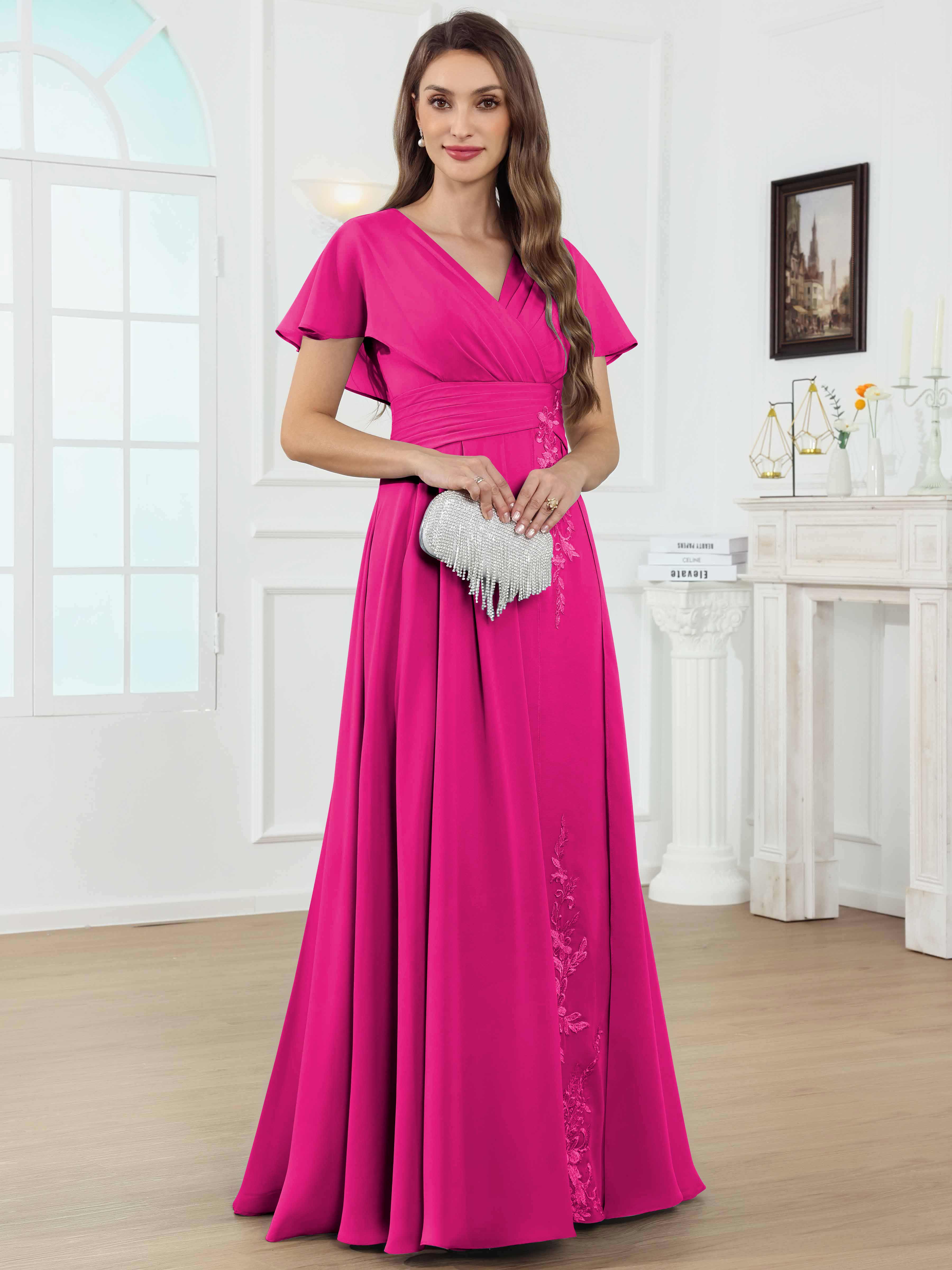 ROVDESY A-Line V-Neck Pleated Lace Chiffon Mother Of The Bride Dress With Short Sleeves