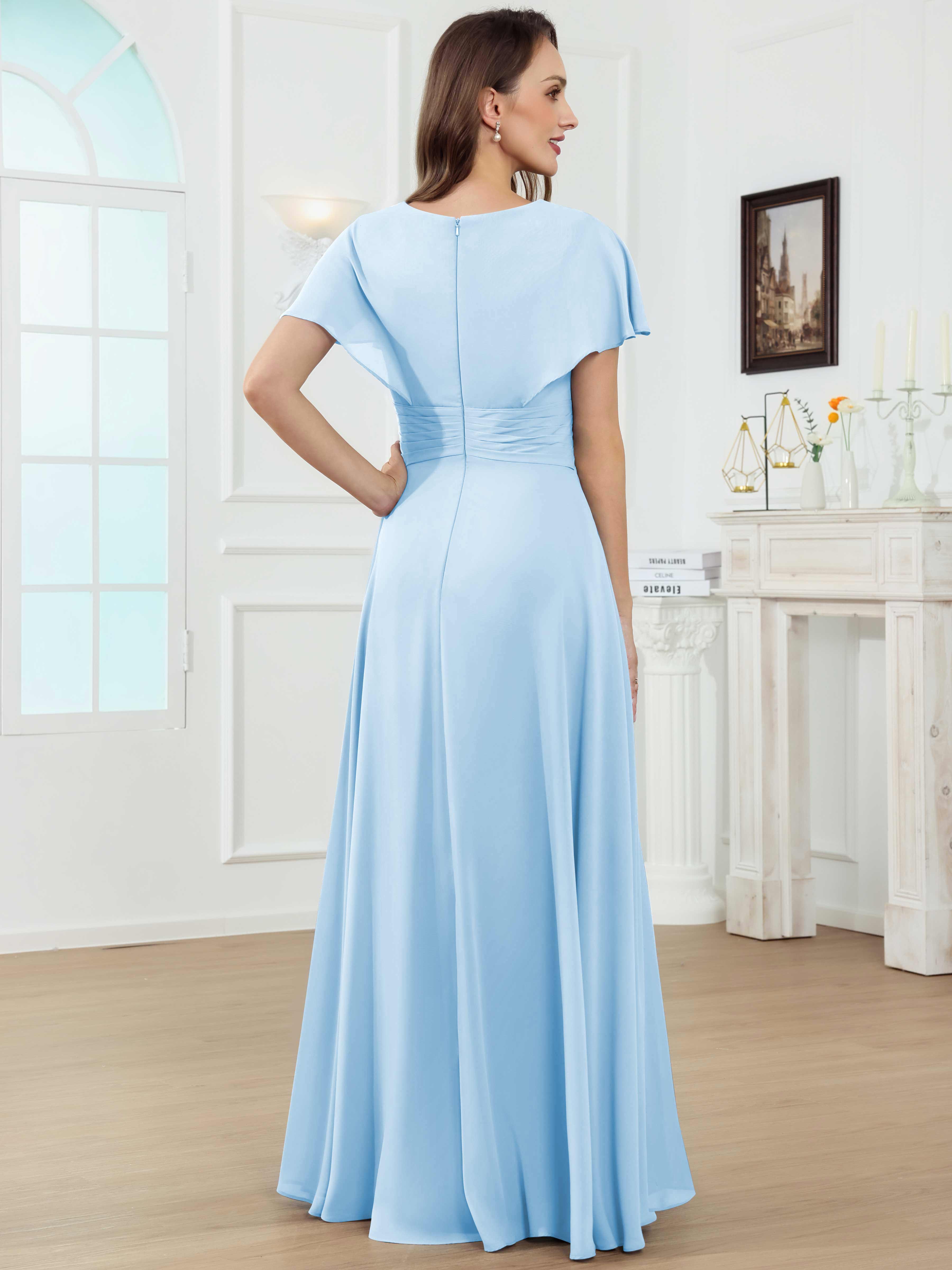 ROVDESY A-Line V-Neck Pleated Lace Chiffon Mother Of The Bride Dress With Short Sleeves