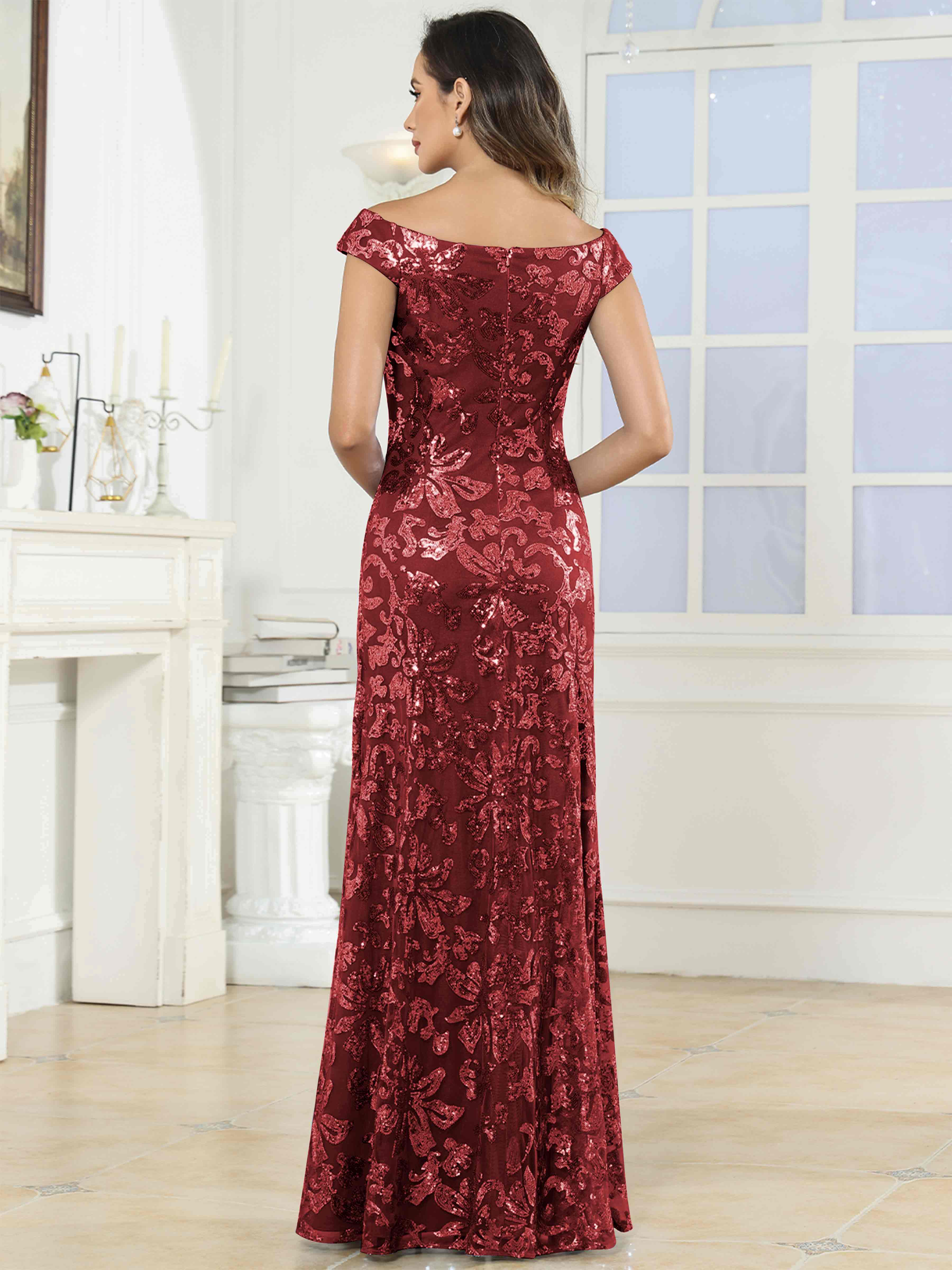 ROVDESY Off-The-Shoulder Mermaid Sequin Mother Of The Bride Dress Formal Gown
