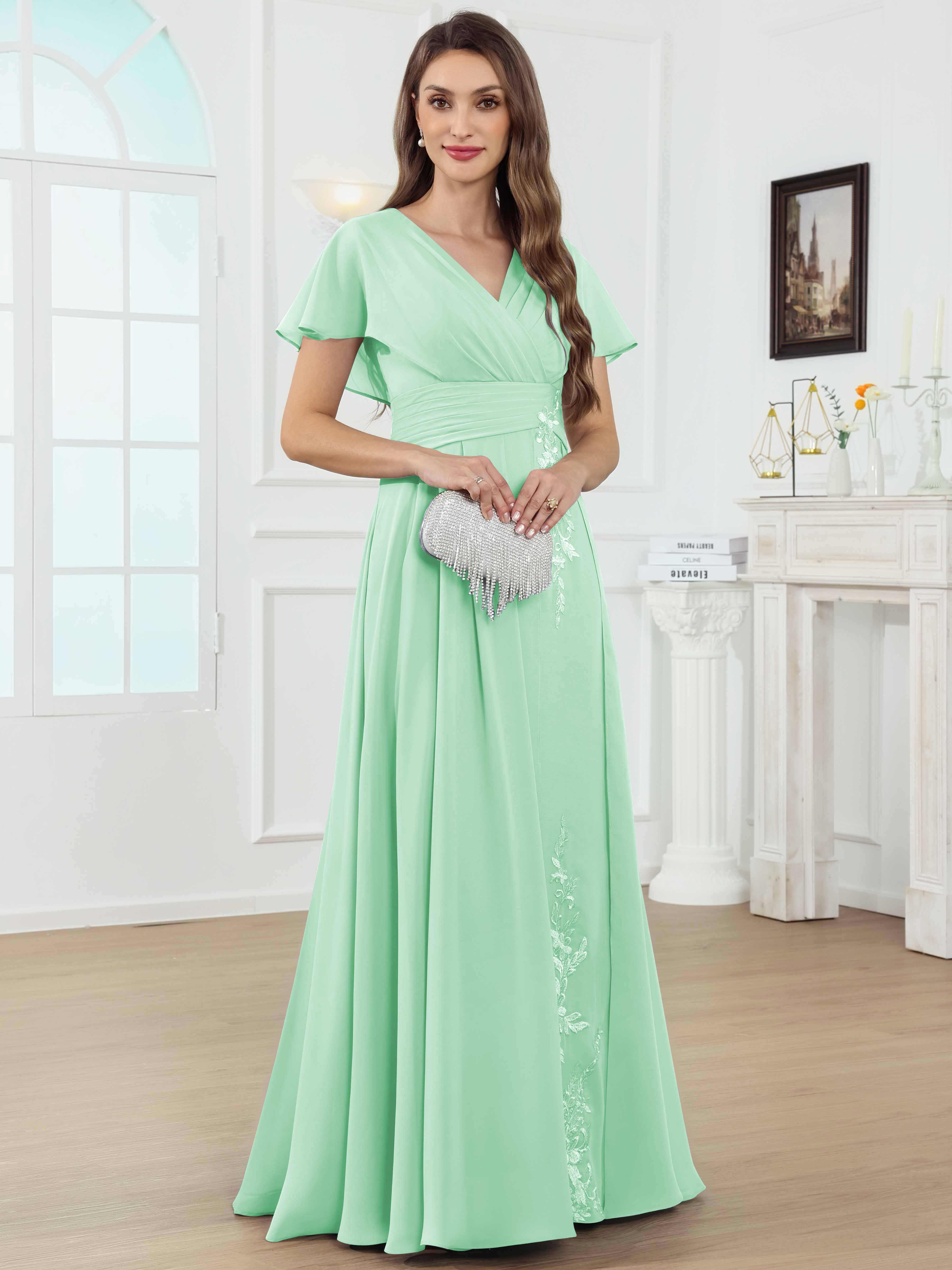 ROVDESY A-Line V-Neck Pleated Lace Chiffon Mother Of The Bride Dress With Short Sleeves