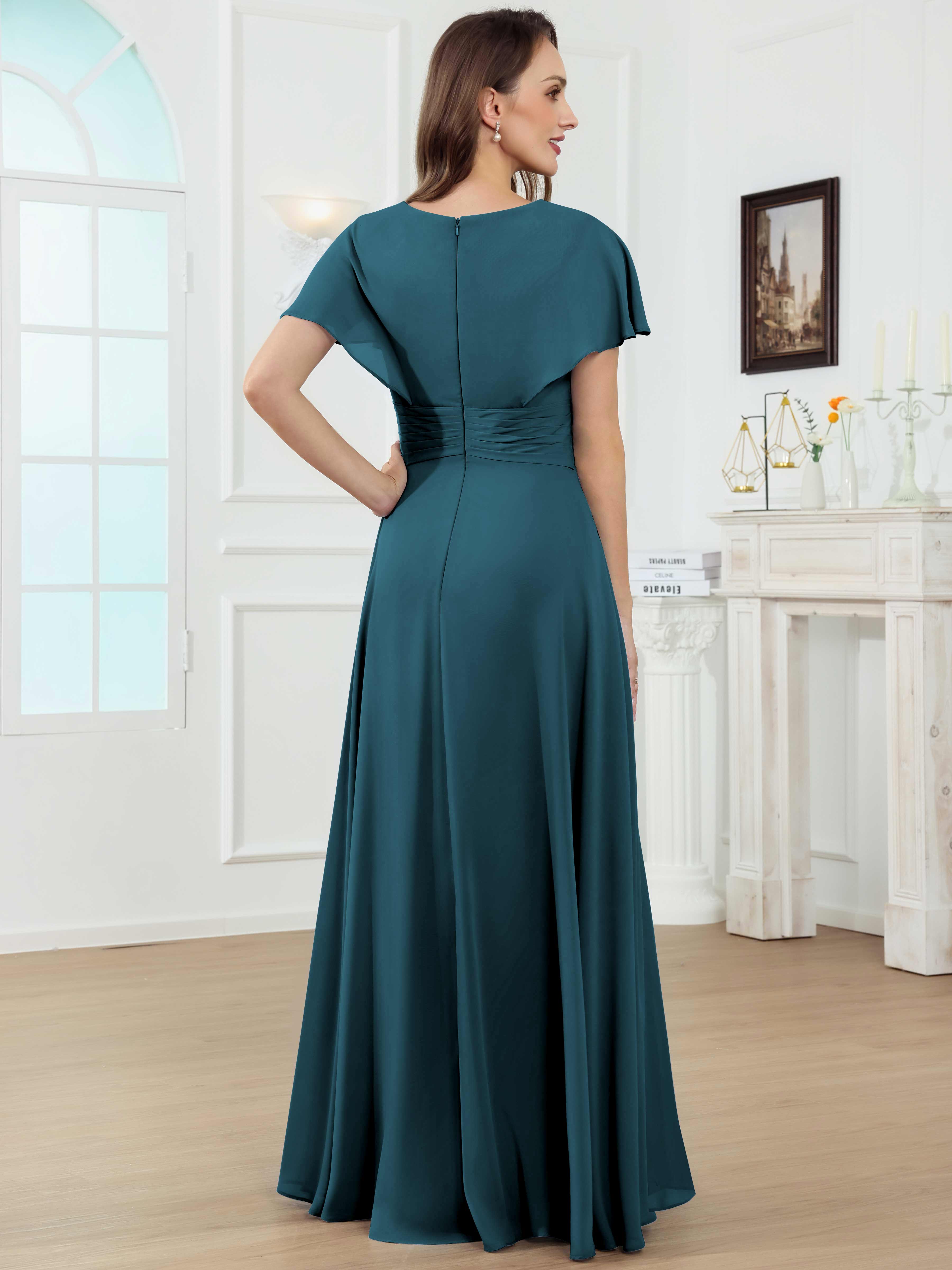 ROVDESY A-Line V-Neck Pleated Lace Chiffon Mother Of The Bride Dress With Short Sleeves
