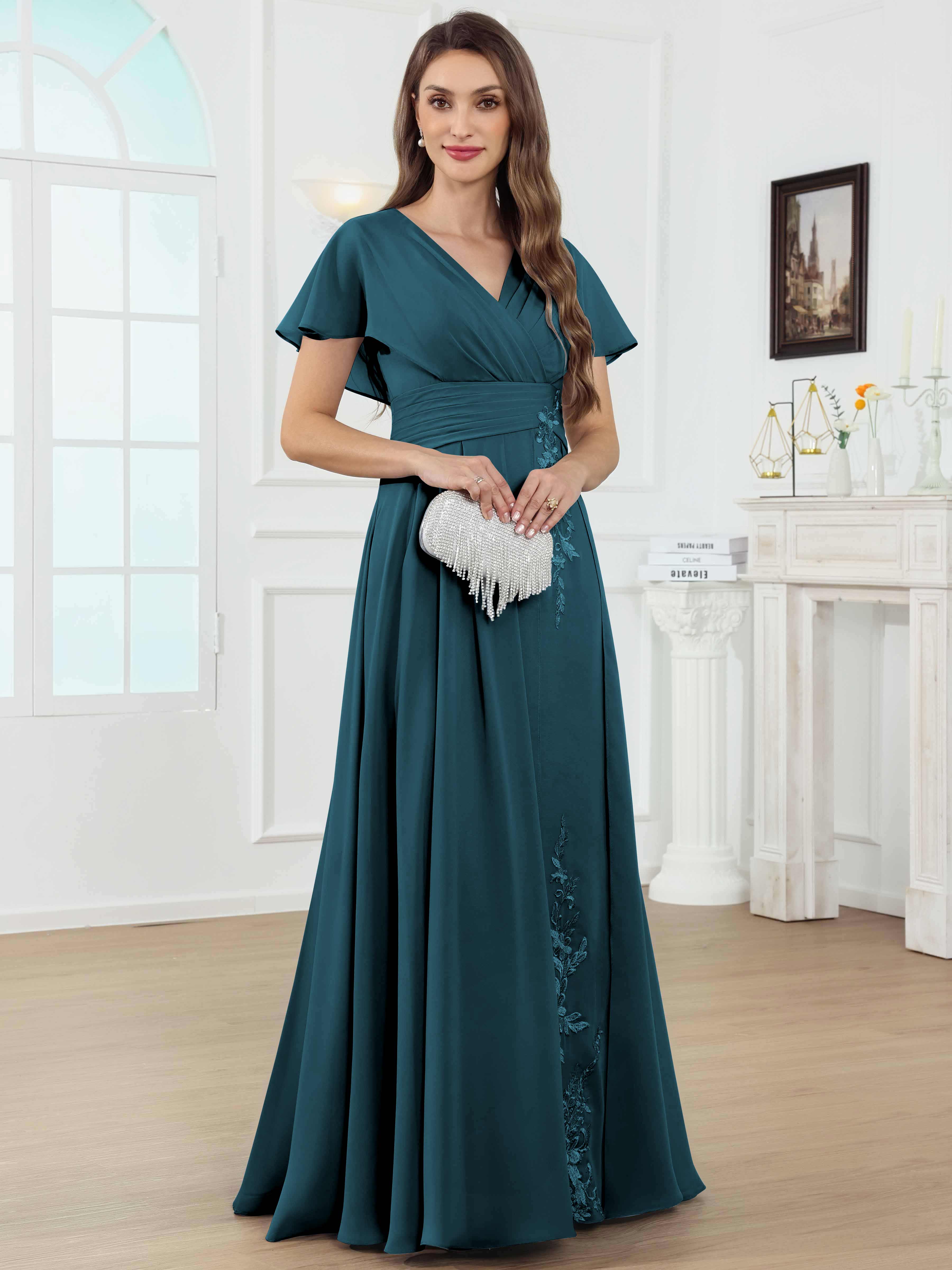 ROVDESY A-Line V-Neck Pleated Lace Chiffon Mother Of The Bride Dress With Short Sleeves