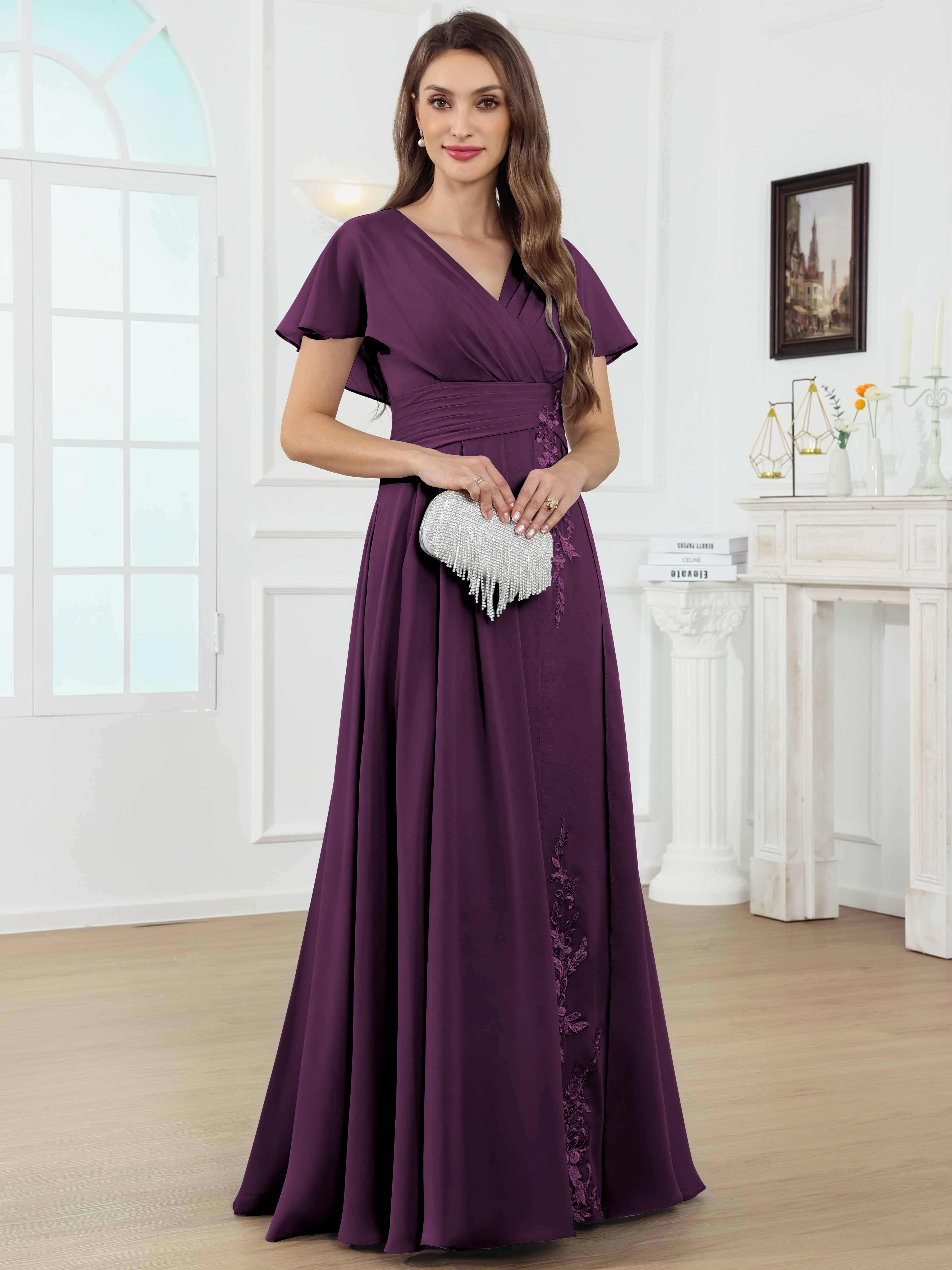 ROVDESY A-Line V-Neck Pleated Lace Chiffon Mother Of The Bride Dress With Short Sleeves