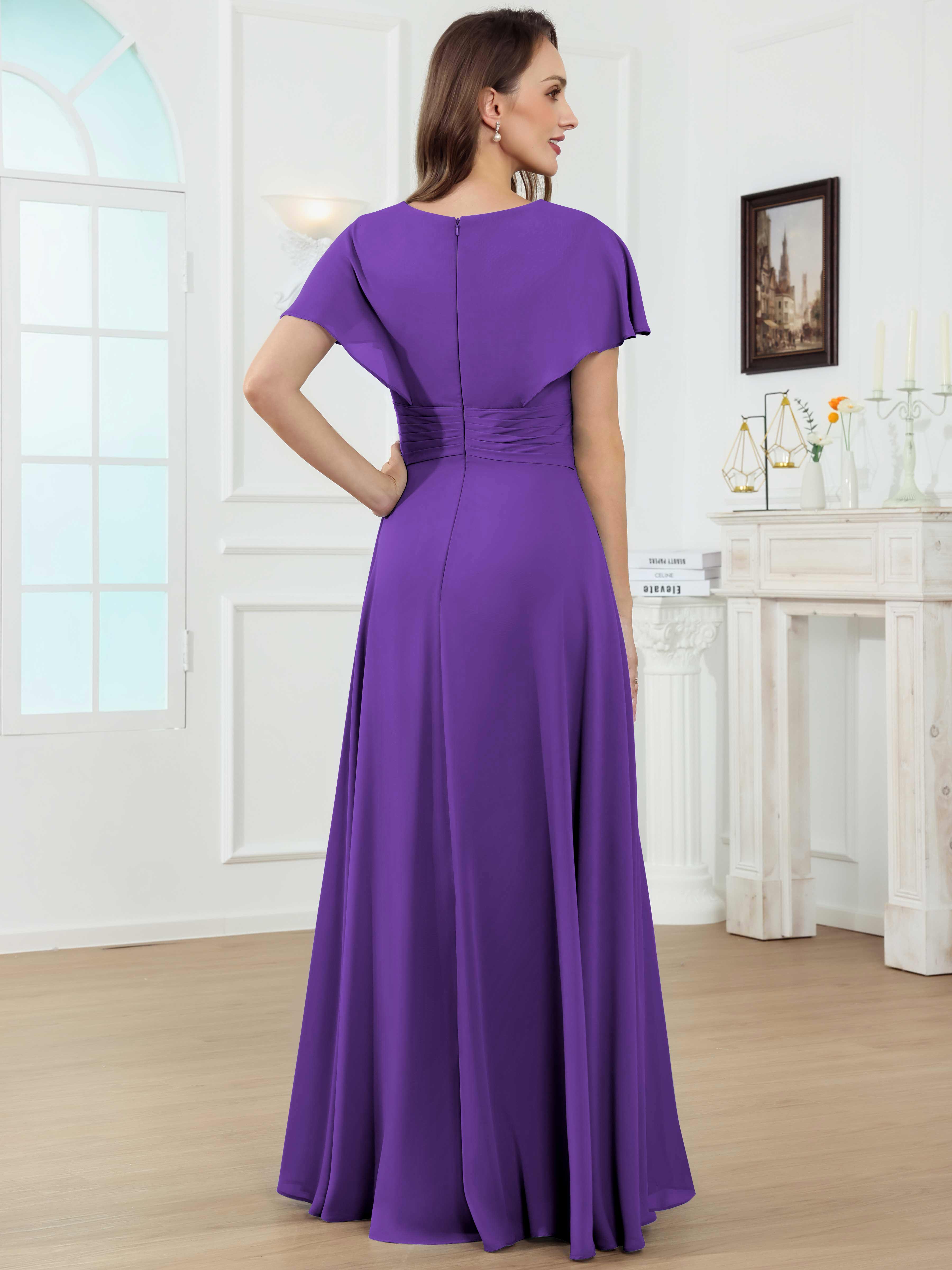 ROVDESY A-Line V-Neck Pleated Lace Chiffon Mother Of The Bride Dress With Short Sleeves