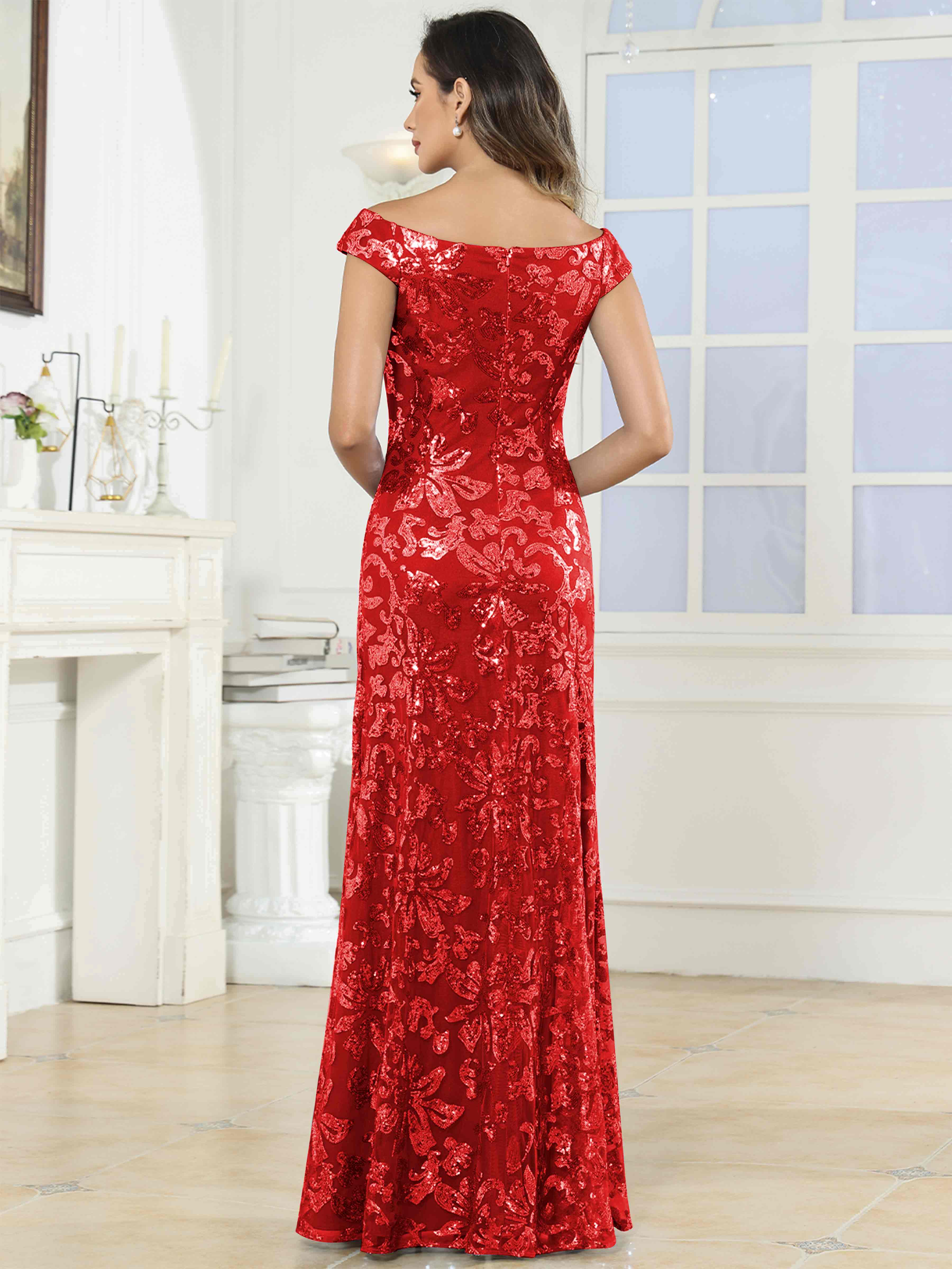 ROVDESY Off-The-Shoulder Mermaid Sequin Mother Of The Bride Dress Formal Gown