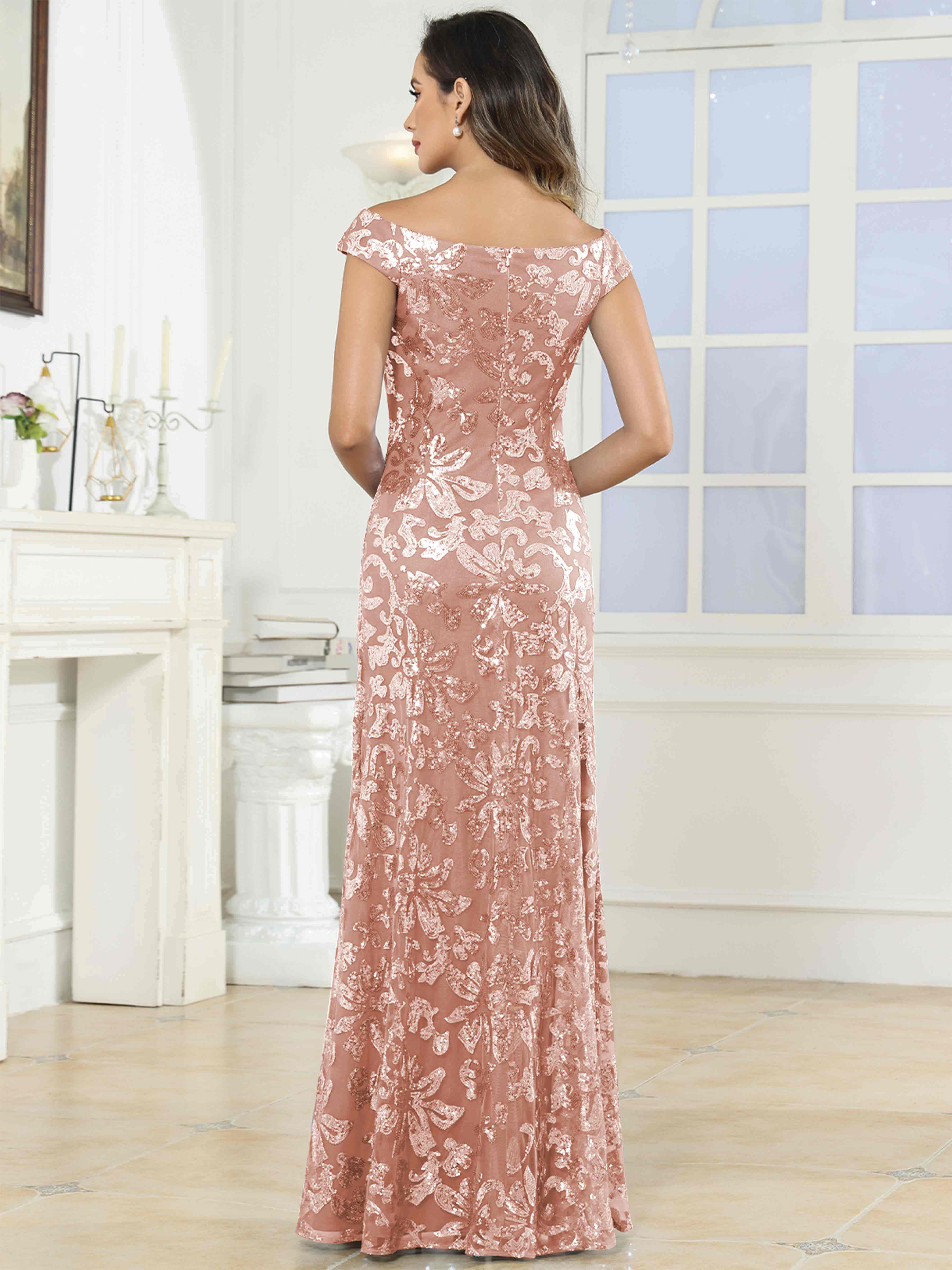 ROVDESY Off-The-Shoulder Mermaid Sequin Mother Of The Bride Dress Formal Gown