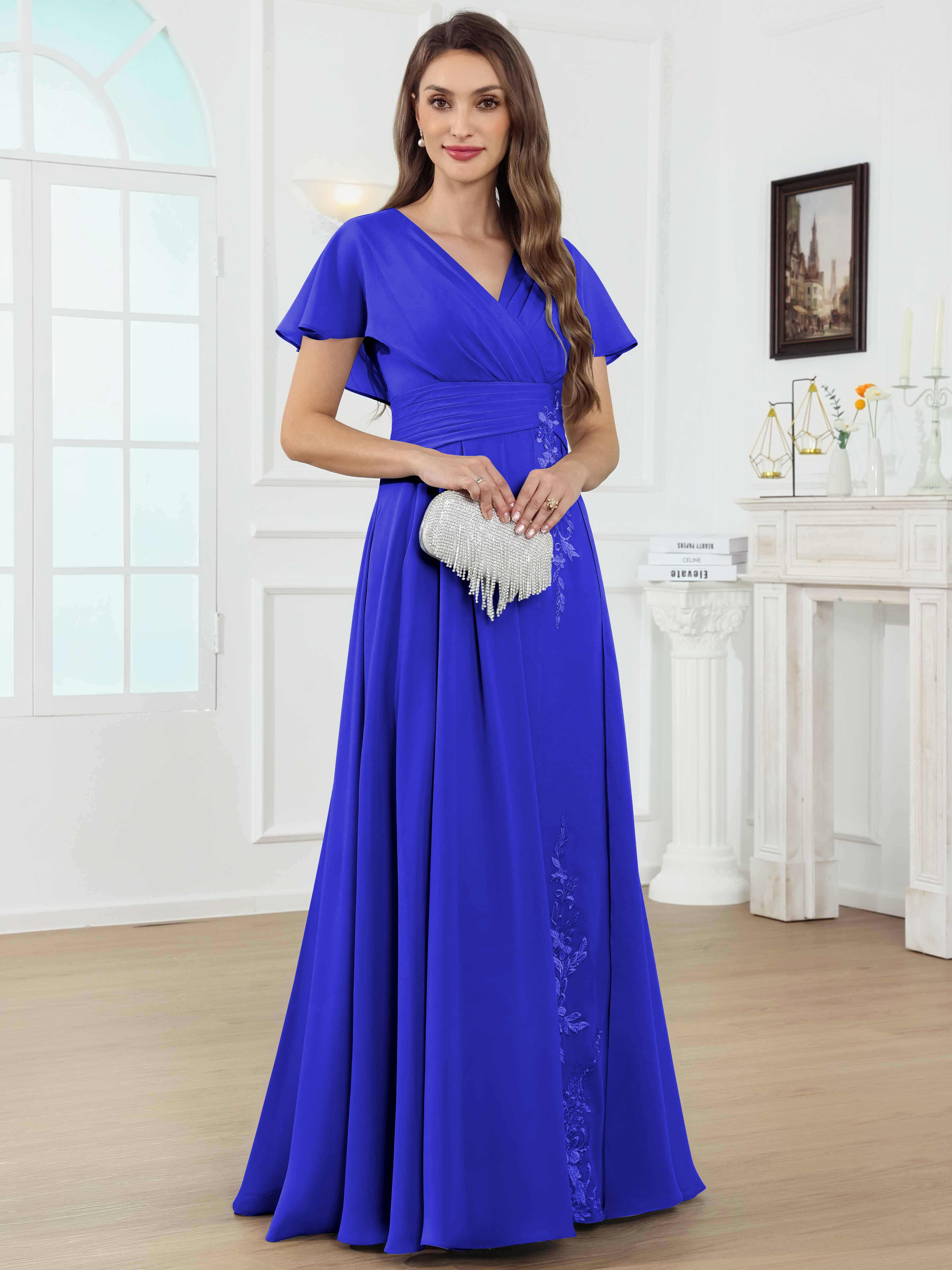ROVDESY A-Line V-Neck Pleated Lace Chiffon Mother Of The Bride Dress With Short Sleeves