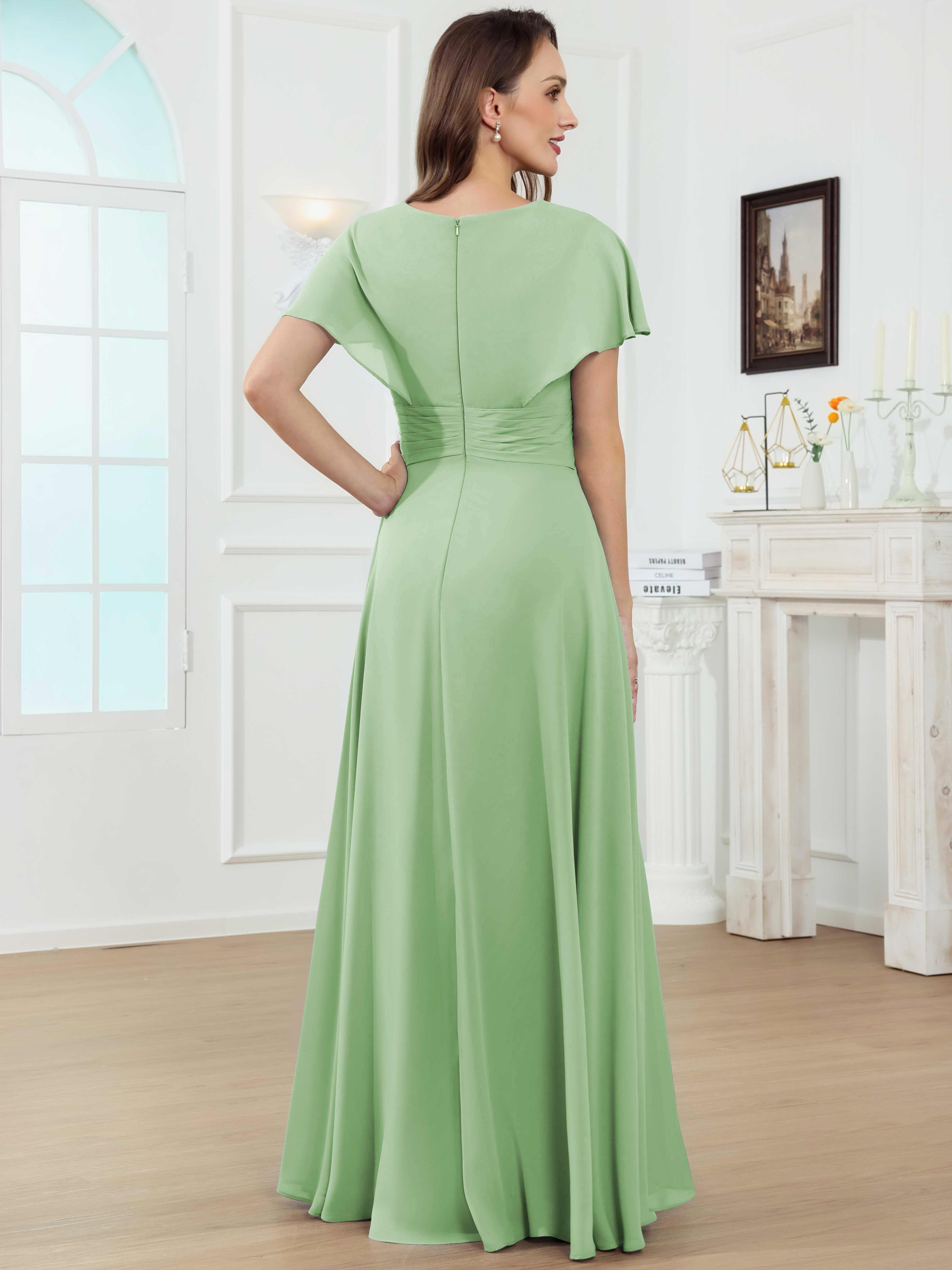 ROVDESY A-Line V-Neck Pleated Lace Chiffon Mother Of The Bride Dress With Short Sleeves
