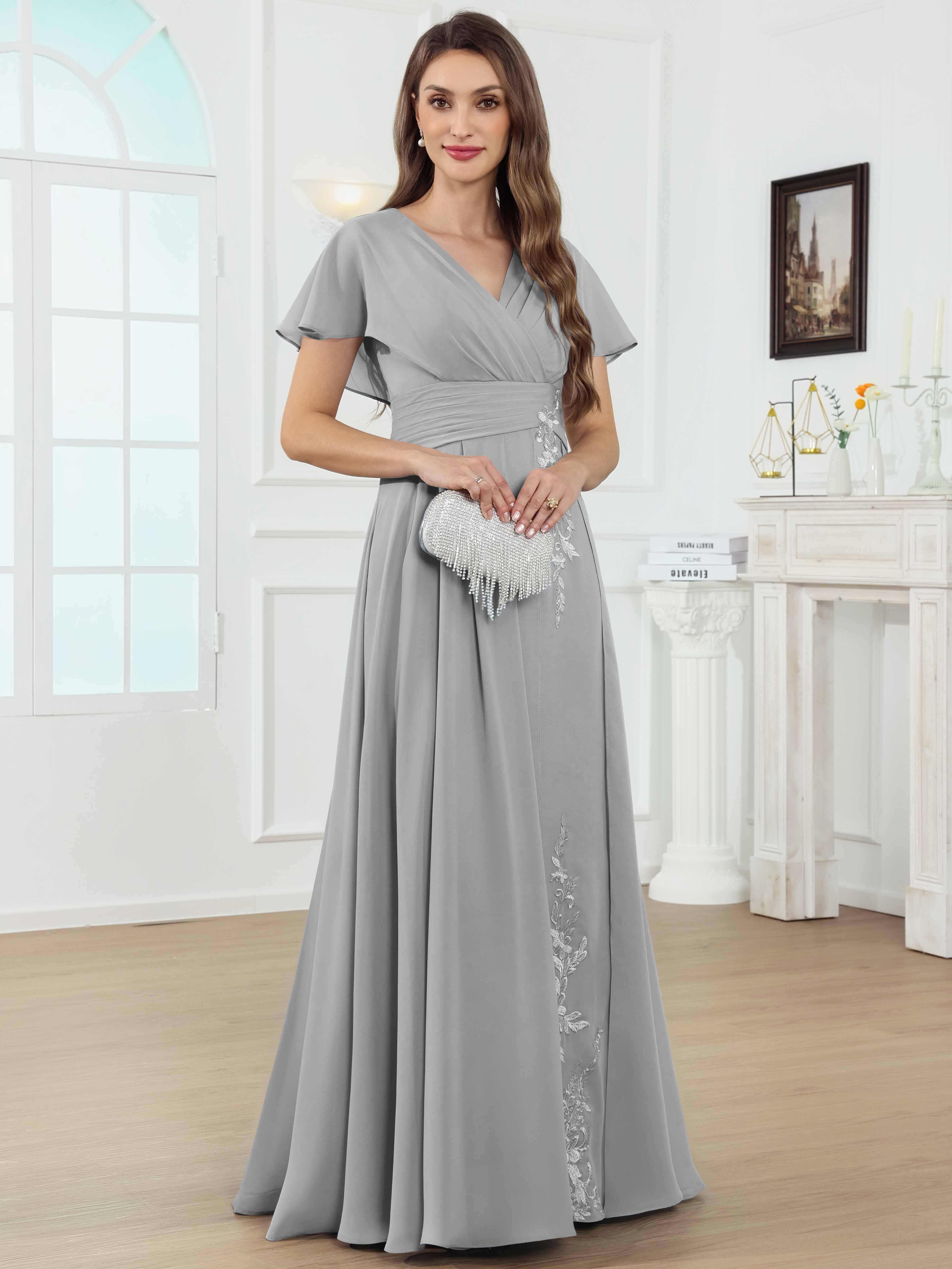 ROVDESY A-Line V-Neck Pleated Lace Chiffon Mother Of The Bride Dress With Short Sleeves