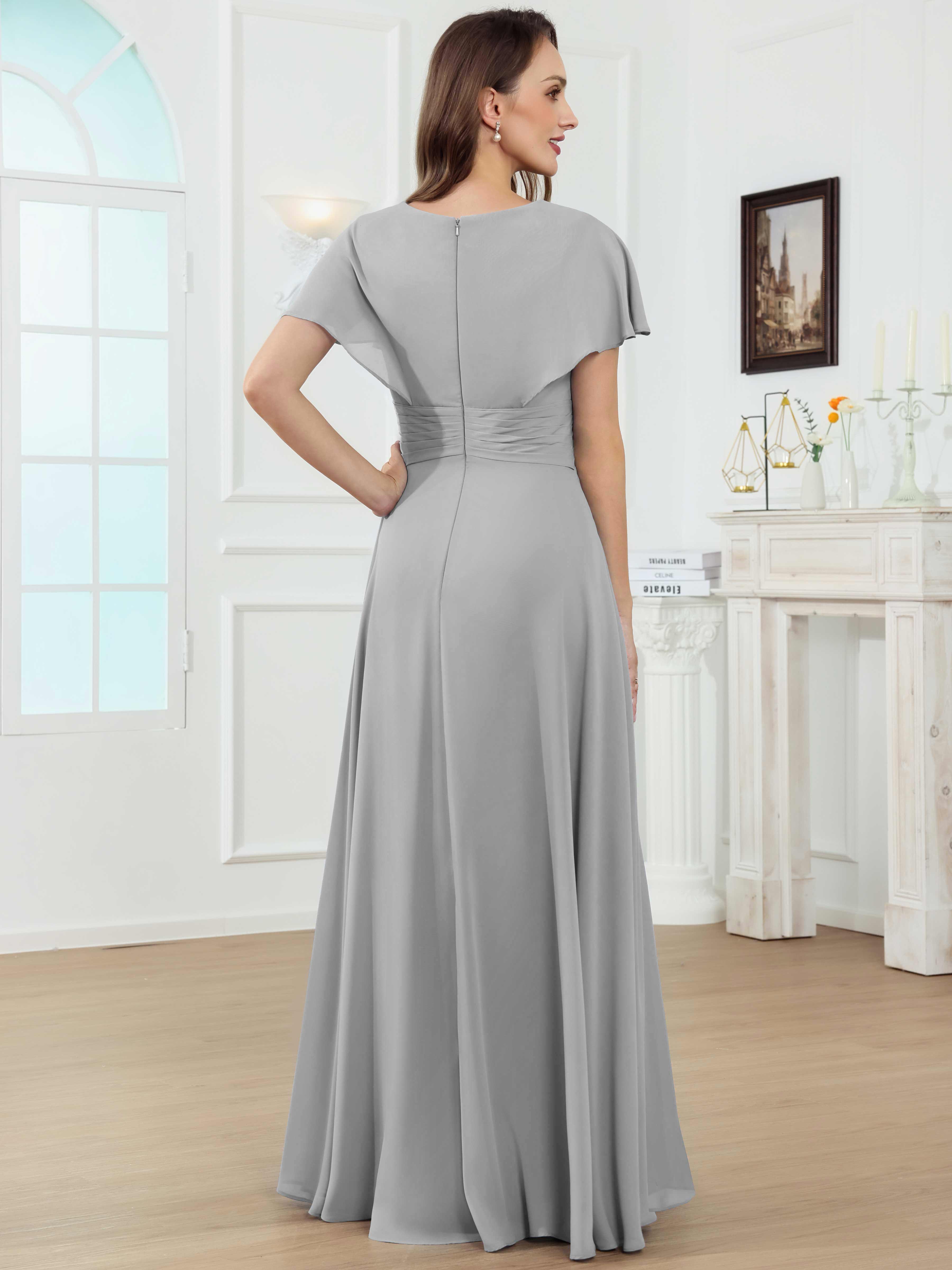 ROVDESY A-Line V-Neck Pleated Lace Chiffon Mother Of The Bride Dress With Short Sleeves