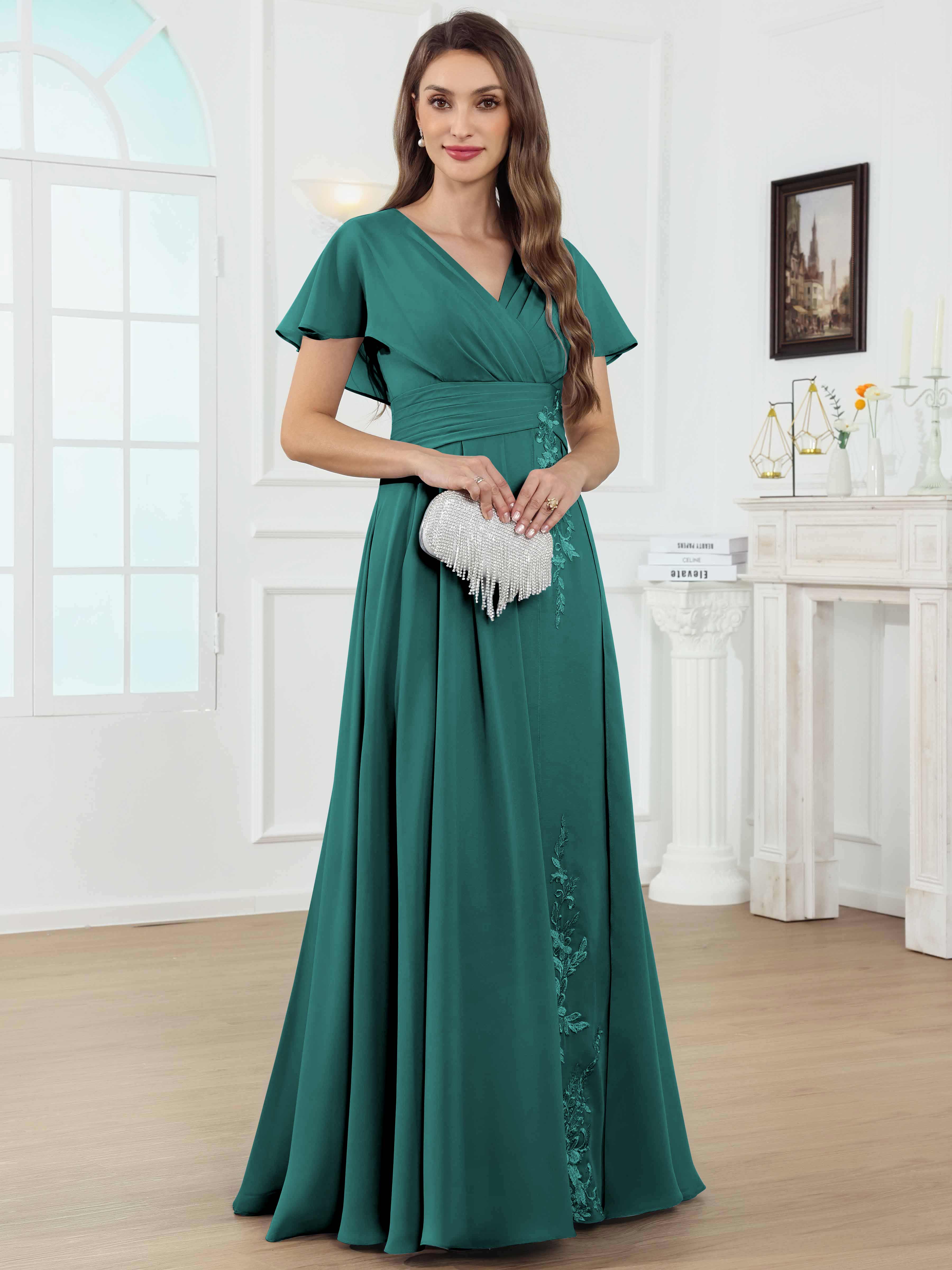 ROVDESY A-Line V-Neck Pleated Lace Chiffon Mother Of The Bride Dress With Short Sleeves