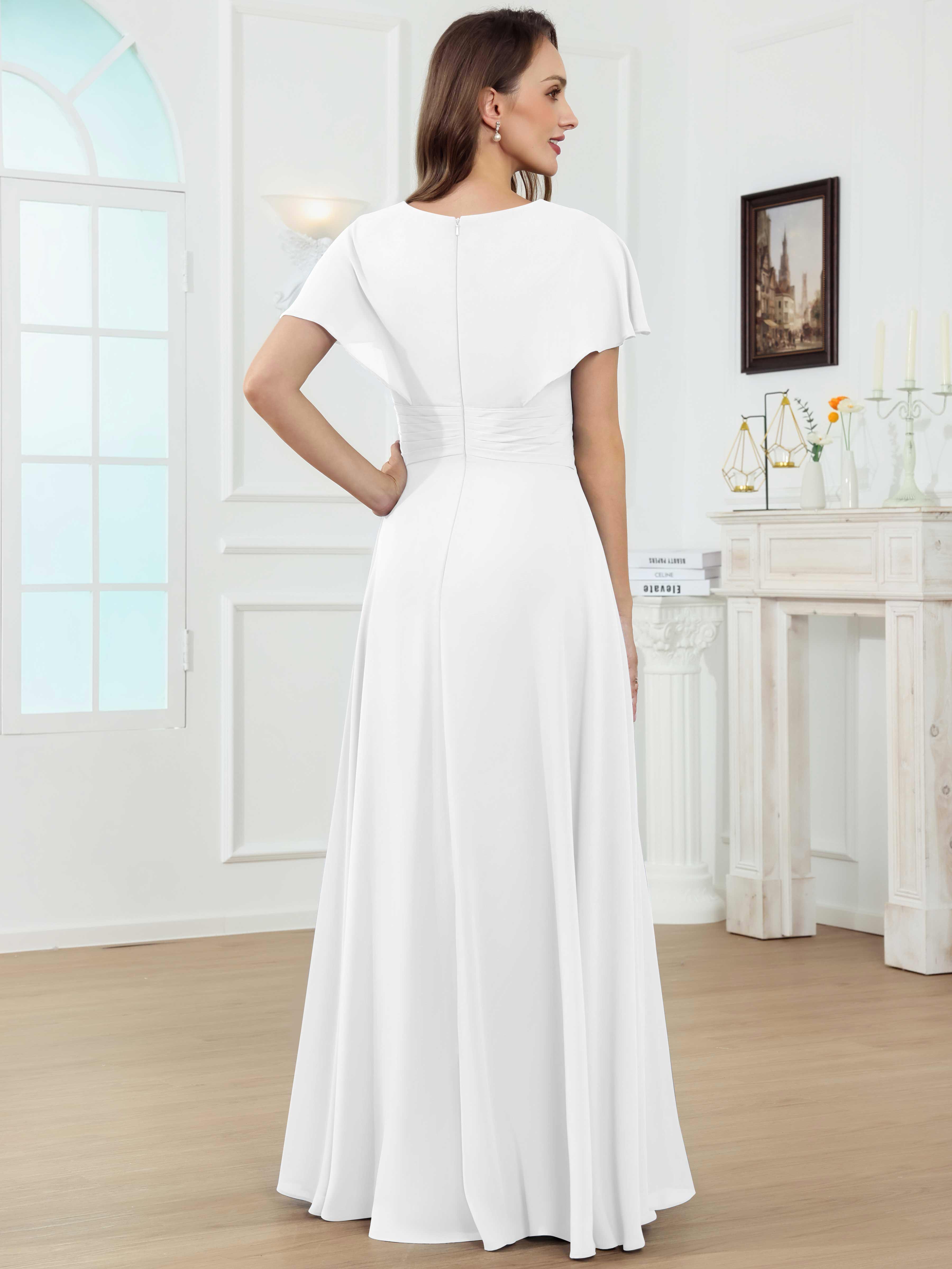 ROVDESY A-Line V-Neck Pleated Lace Chiffon Mother Of The Bride Dress With Short Sleeves
