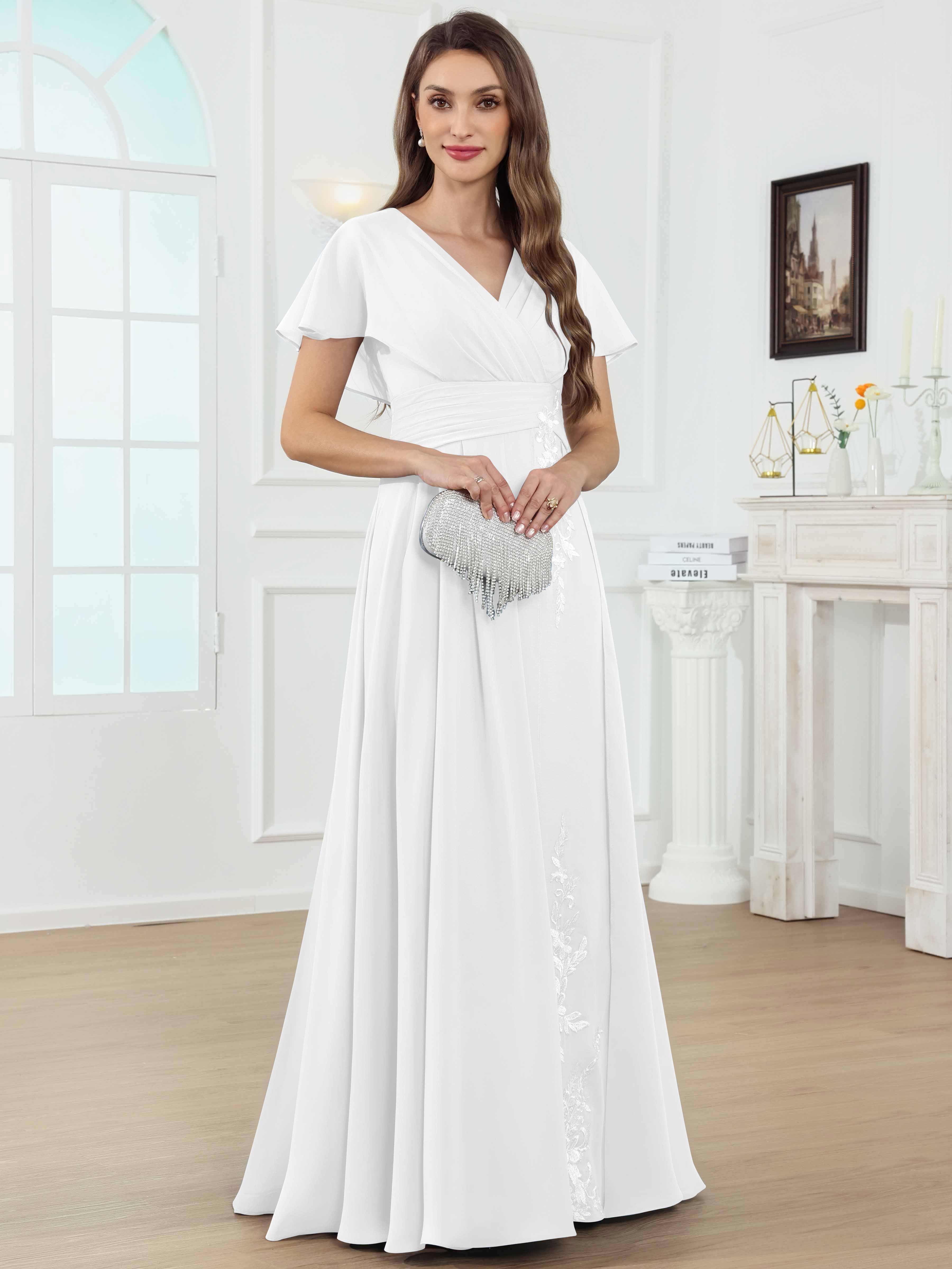 ROVDESY A-Line V-Neck Pleated Lace Chiffon Mother Of The Bride Dress With Short Sleeves