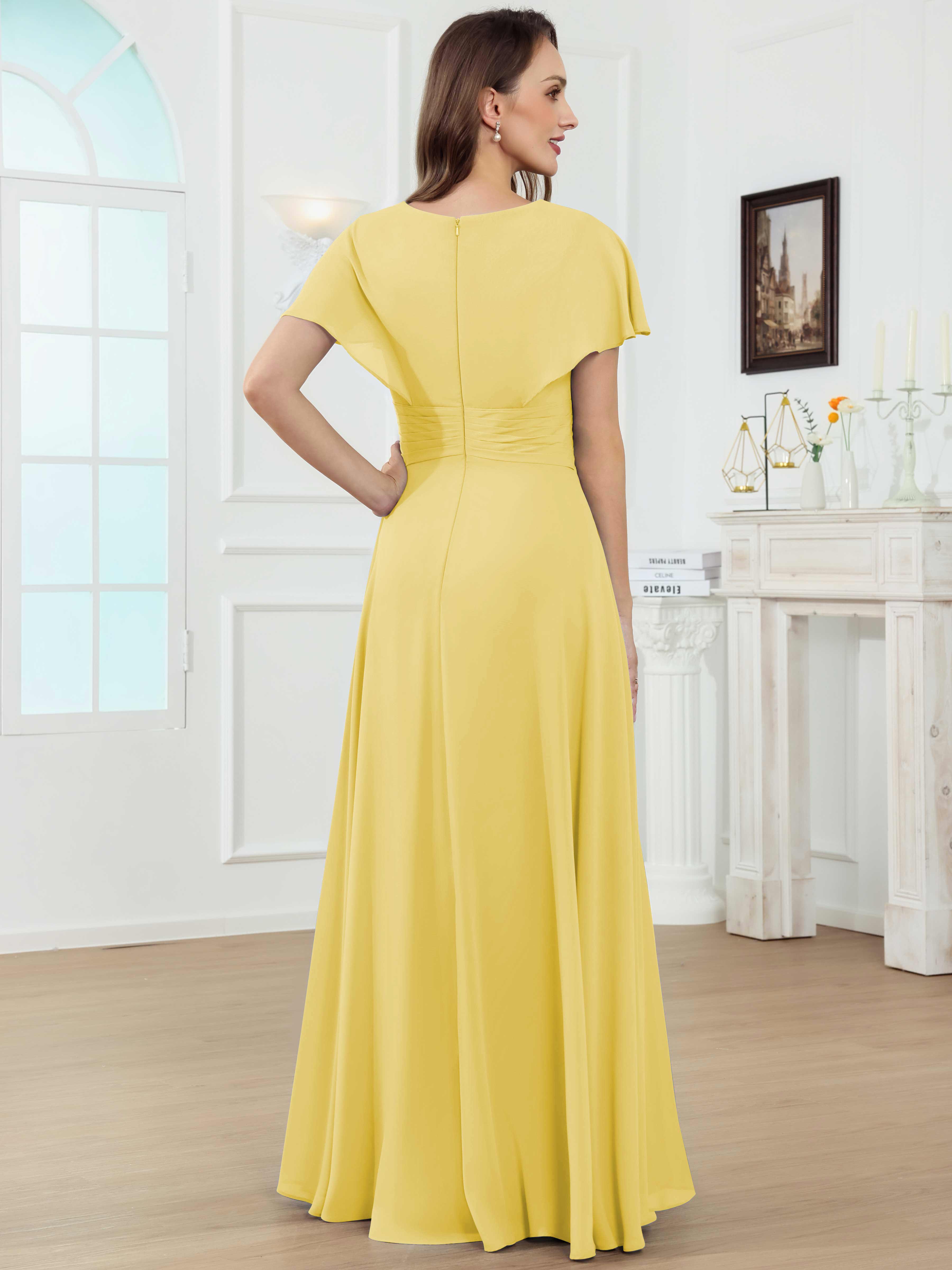 ROVDESY A-Line V-Neck Pleated Lace Chiffon Mother Of The Bride Dress With Short Sleeves