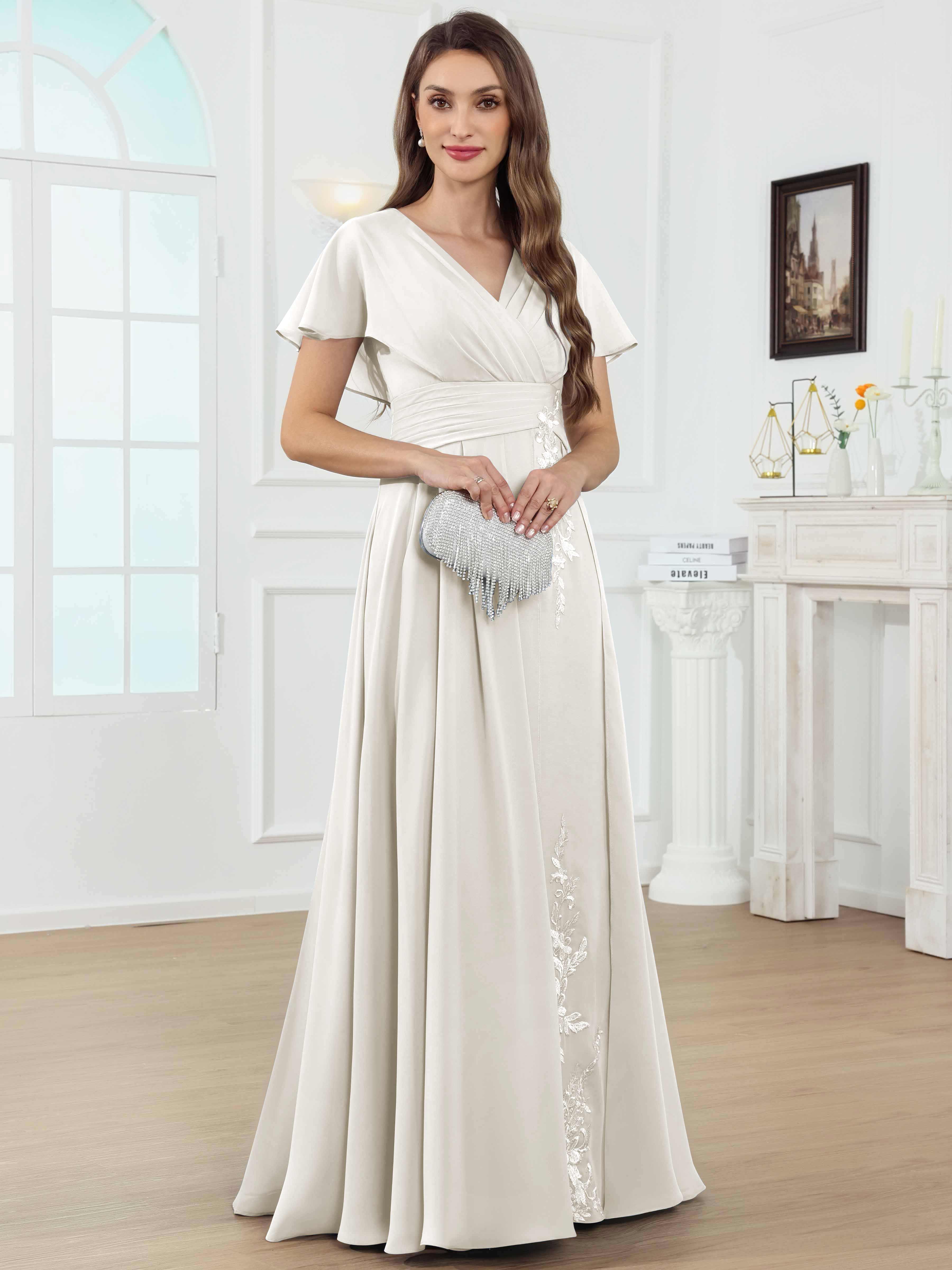 ROVDESY A-Line V-Neck Pleated Lace Chiffon Mother Of The Bride Dress With Short Sleeves