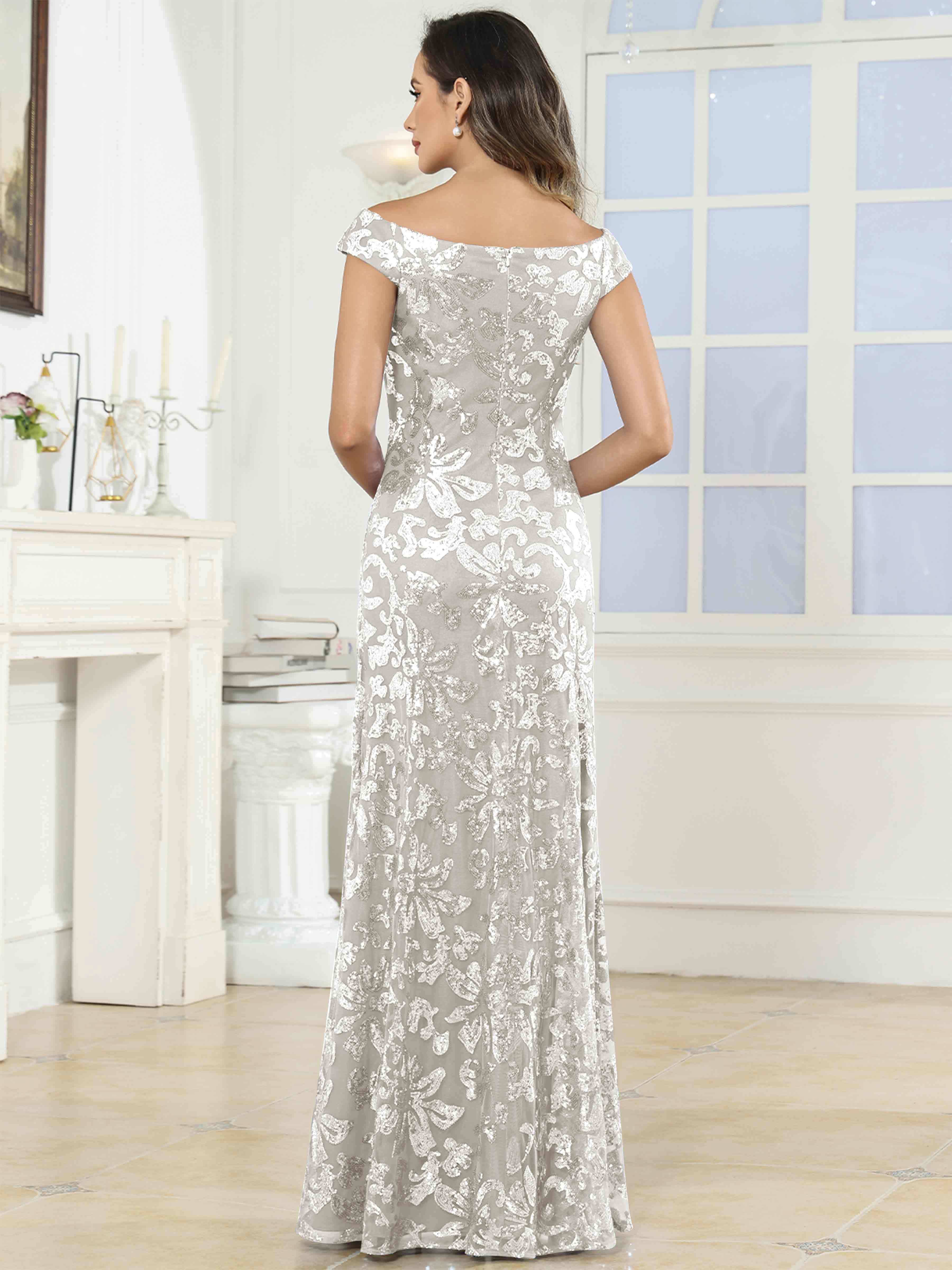 ROVDESY Off-The-Shoulder Mermaid Sequin Mother Of The Bride Dress Formal Gown