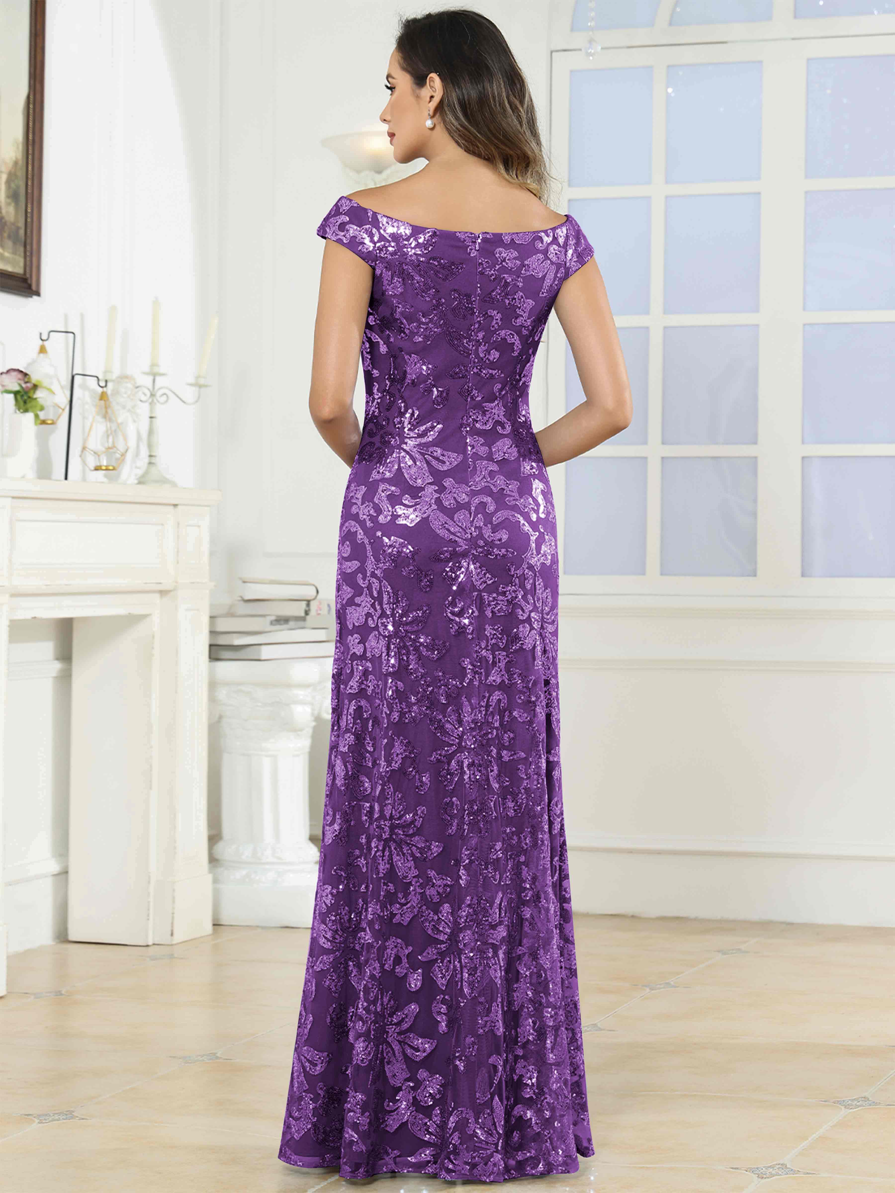 ROVDESY Off-The-Shoulder Mermaid Sequin Mother Of The Bride Dress Formal Gown
