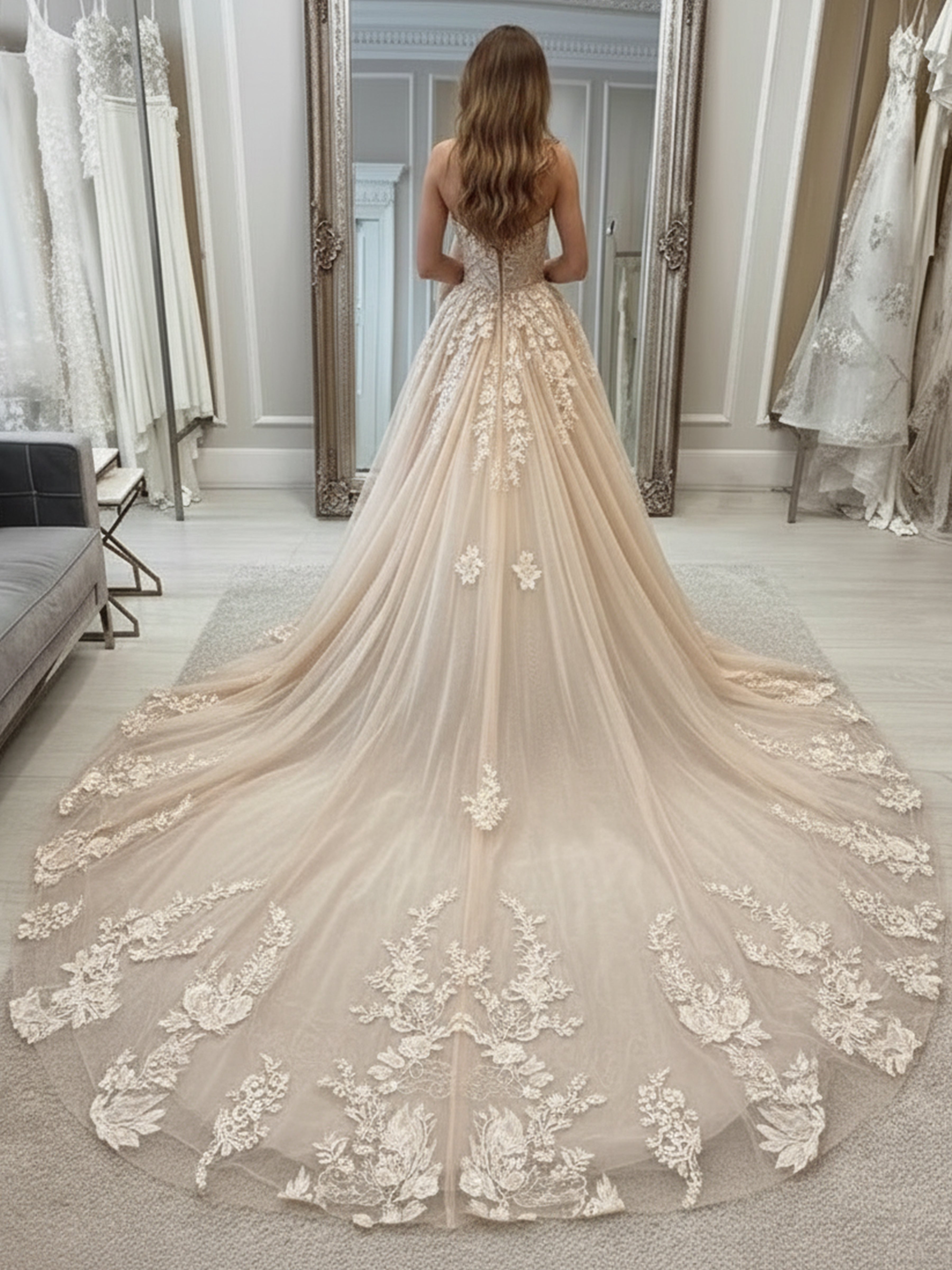 ROVDESY Strapless Sweetheart Lace Applique A-Line Wedding Dress with Cathedral Train