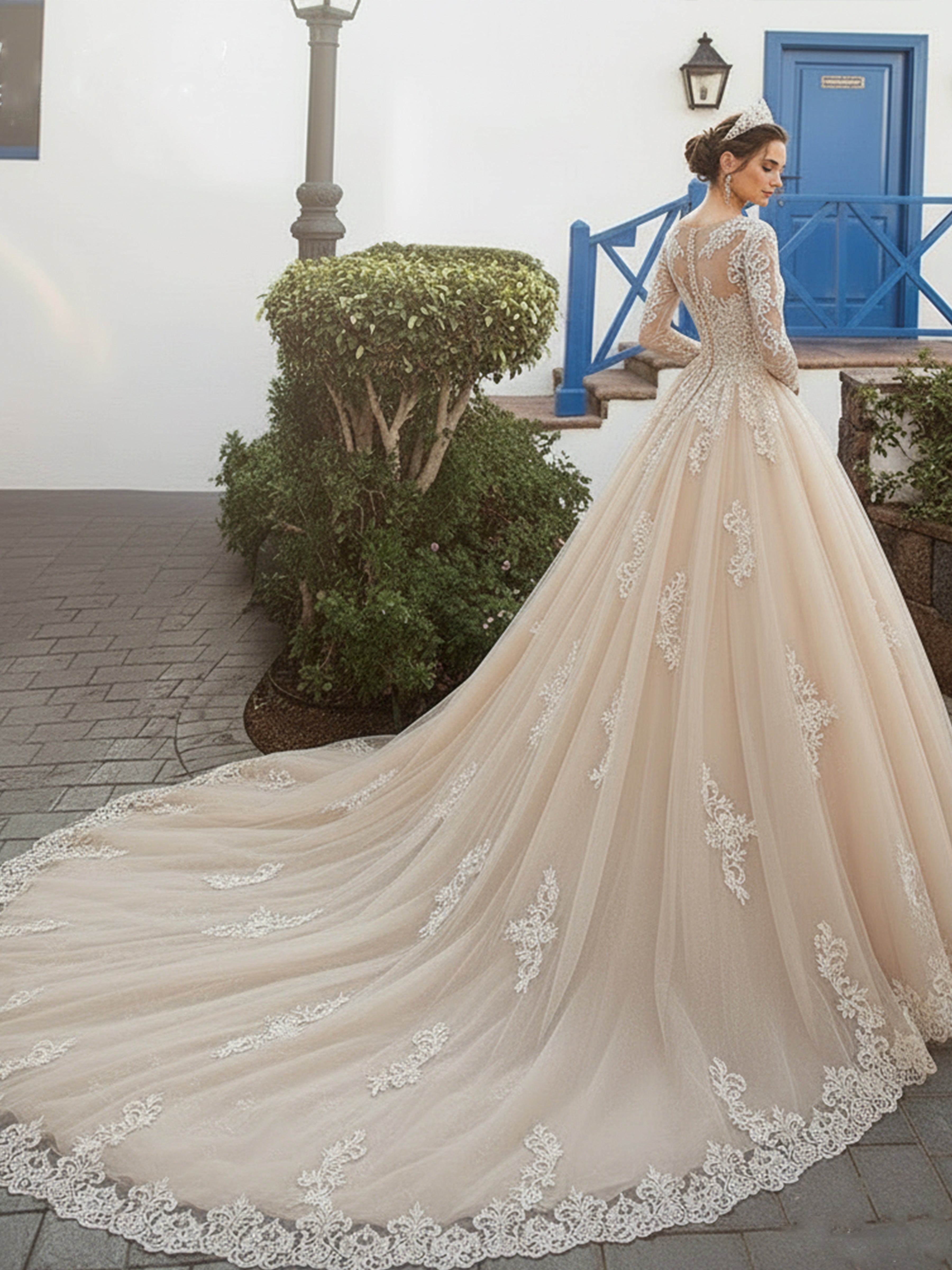 ROVDESY Long Sleeve Illusion Neck Lace A-Line Wedding Dress with Cathedral Train