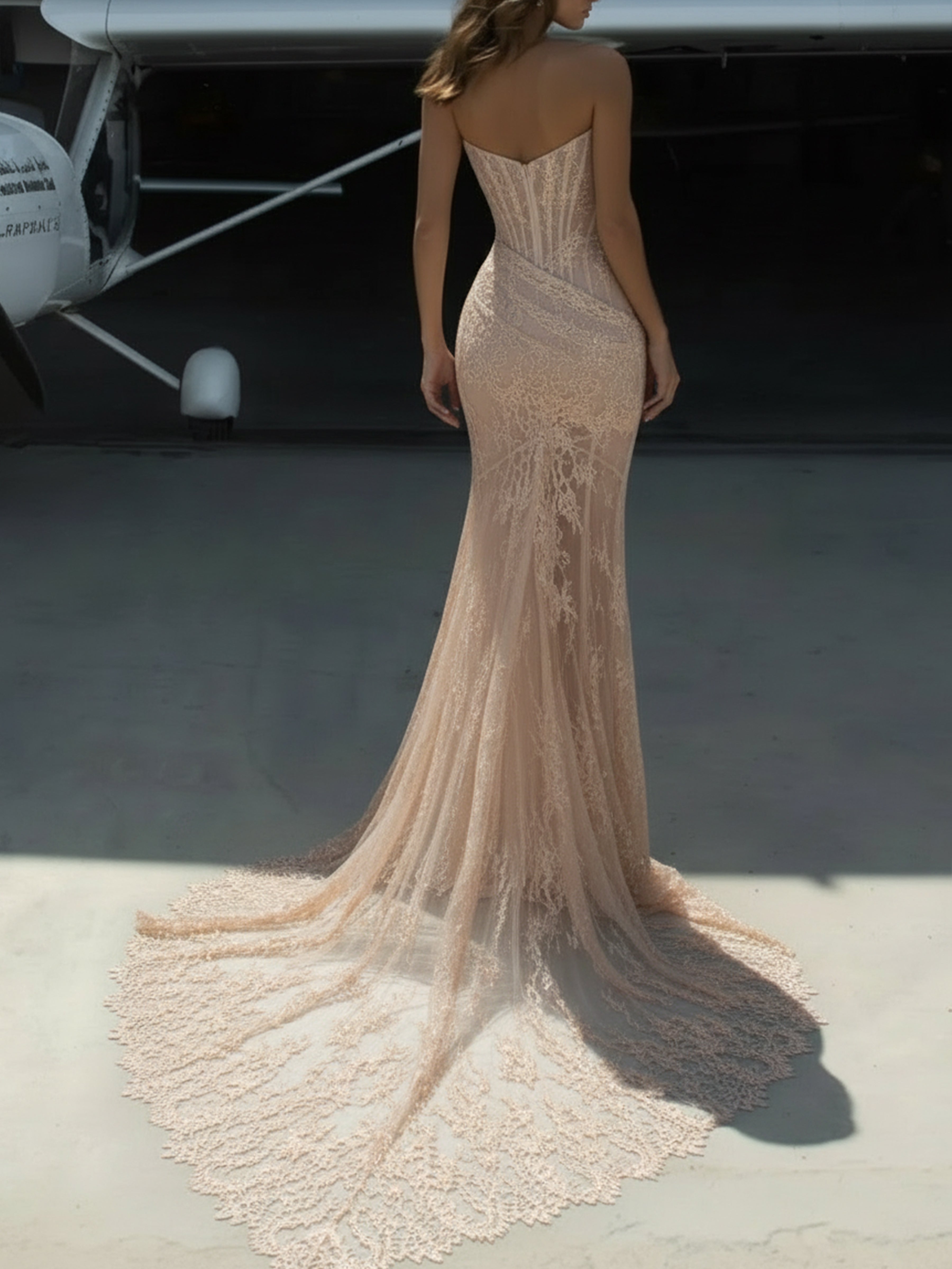ROVDESY Strapless Sheer Lace Mermaid Wedding Dress with Corset Bodice And Lace Train