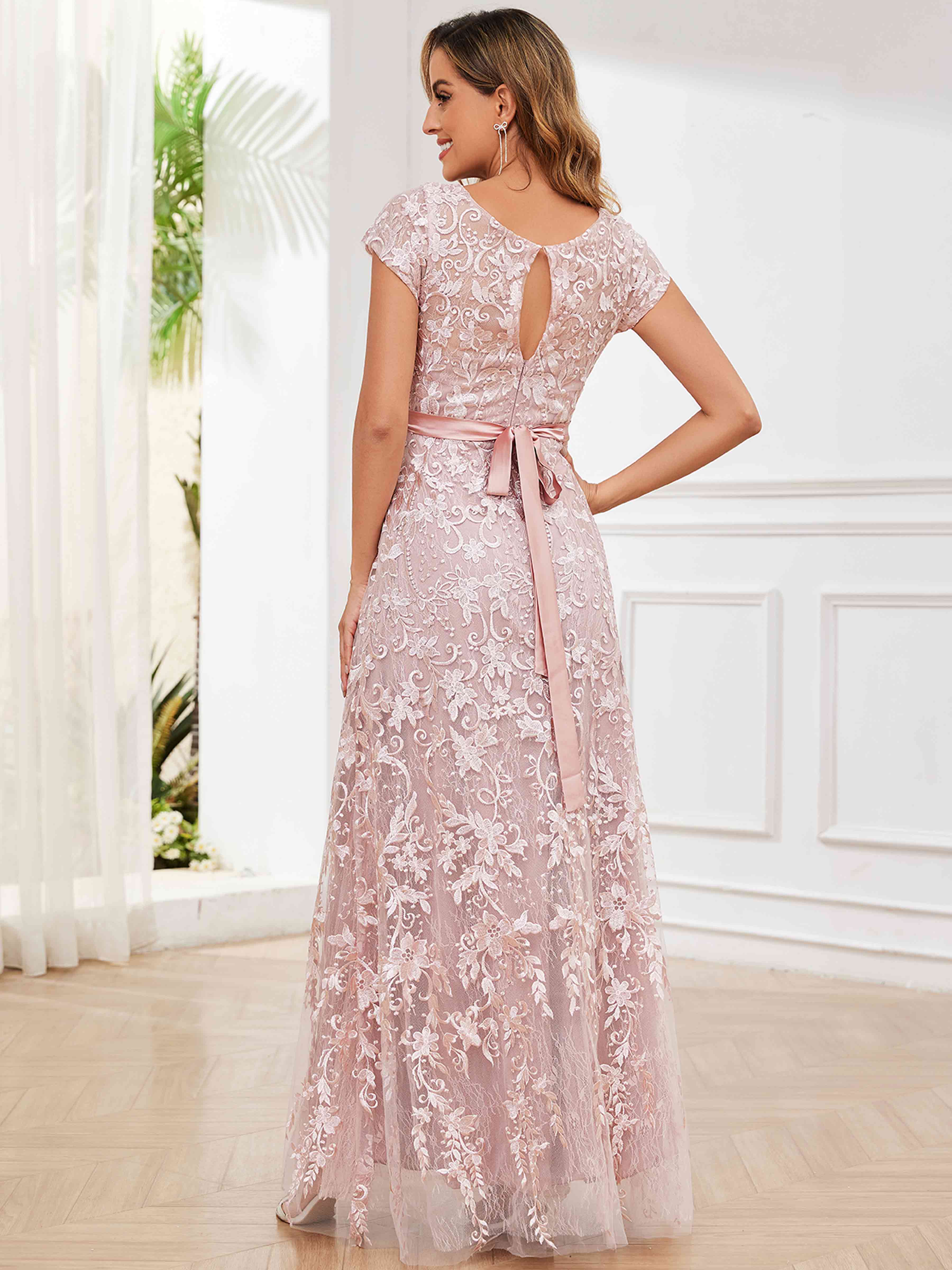 ROVDESY Elegant Lace Mother Of The Bride Dress With Short Sleeves Formal Gown