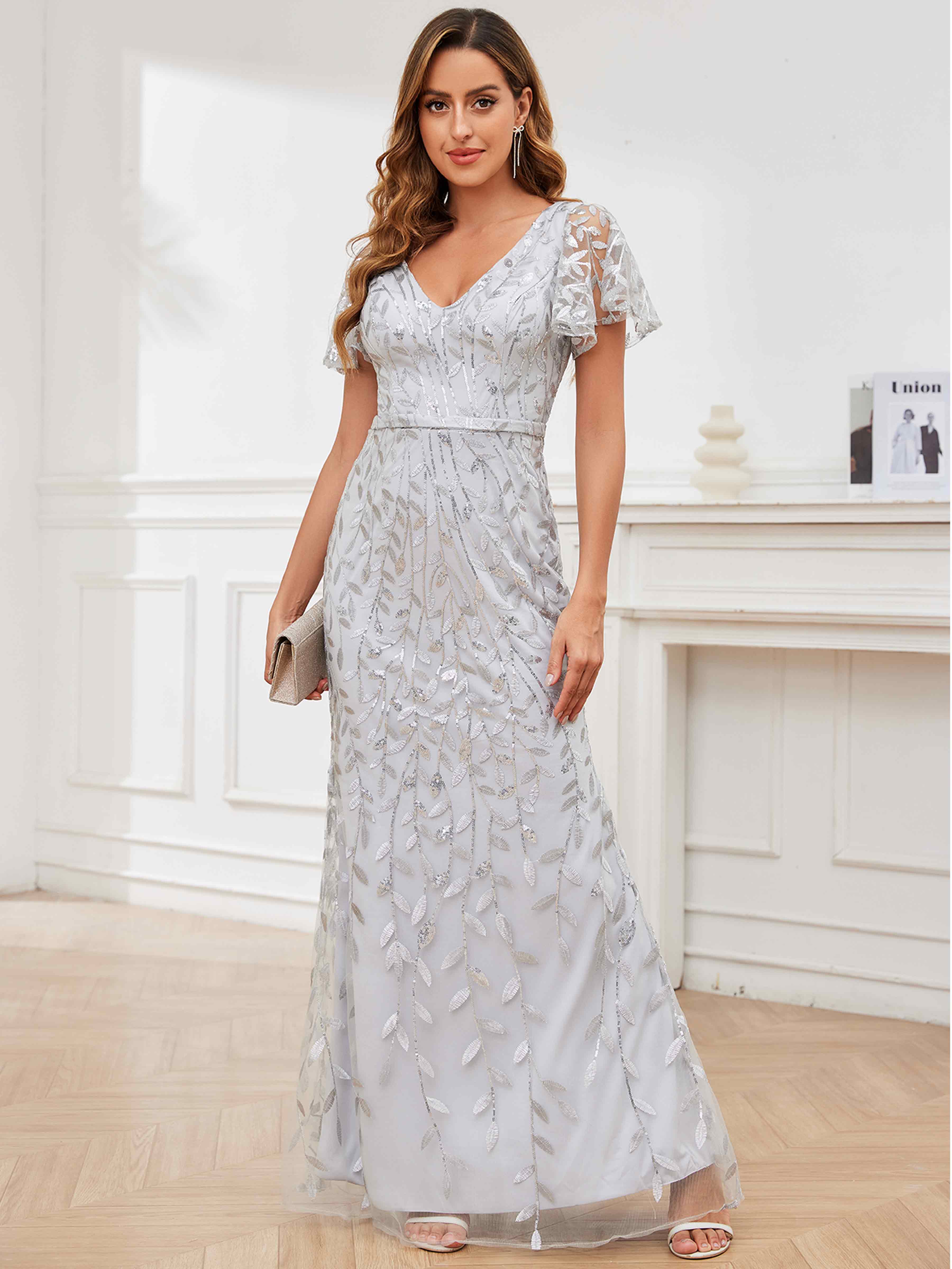 ROVDESY V-Neck Mermaid Sequin Mother Of The Bride Dress With Short Sleeves